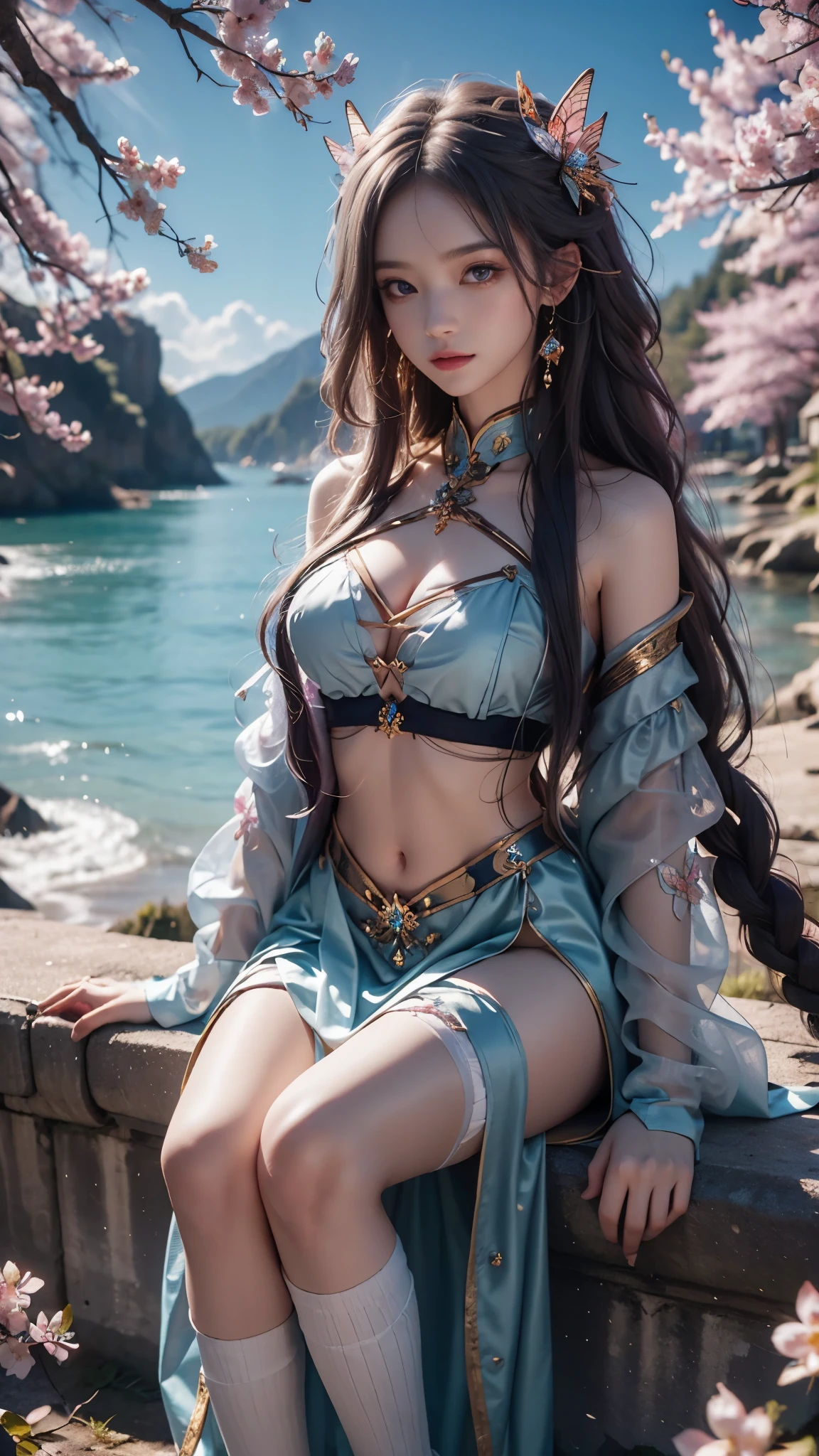 8K, ultra hd, masterpiece, hd colors, 1 girl, perfect face, very long curly hair, detailed eyes, simple clothing, purple clothing, stocking, lace, sardine, strips, net clothing, loops, bare waist, jwellery, waterside, Realistic scenery, epic scenery, sun rising, evening, clouds, Butterfly, cherry blossom, blowing wind, perfect pose, sitting,