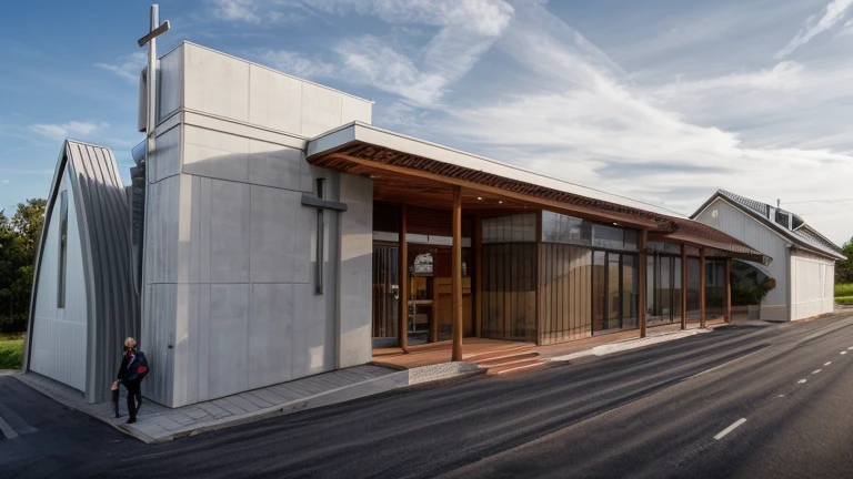 ((( exterior church:1.1 ))), contemporary style, white wall, wood wall, wood door, glass window, (realistic:1.3), Masterpiece, high quality, best quality, authentic, super detail, outdoors,road,pavement, grass, trees, sky, cloud, (daylight:1.3)