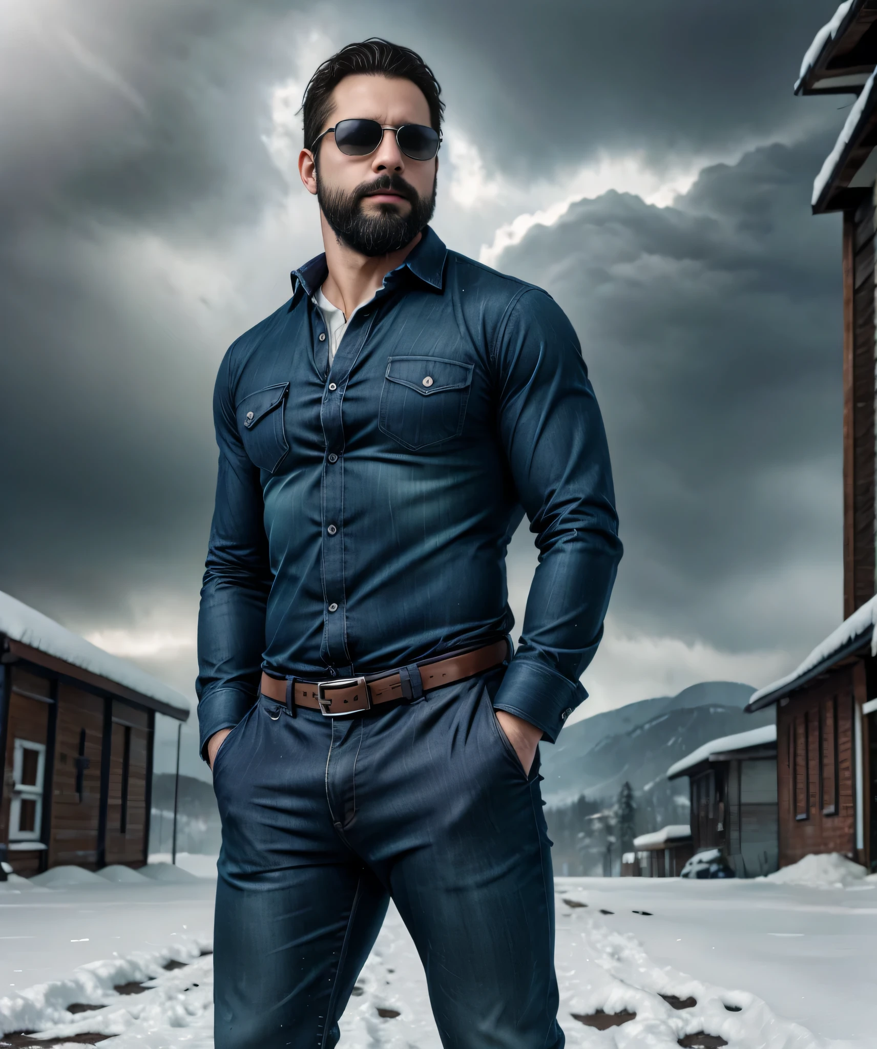 Obra maestra, desenfoque de campo, Parte superior del cuerpo, Hands in pants pockets, 38 year old men with beard and square sunglasses. Man wearing a plaid shirt in an action movie with a snow storm in the background.