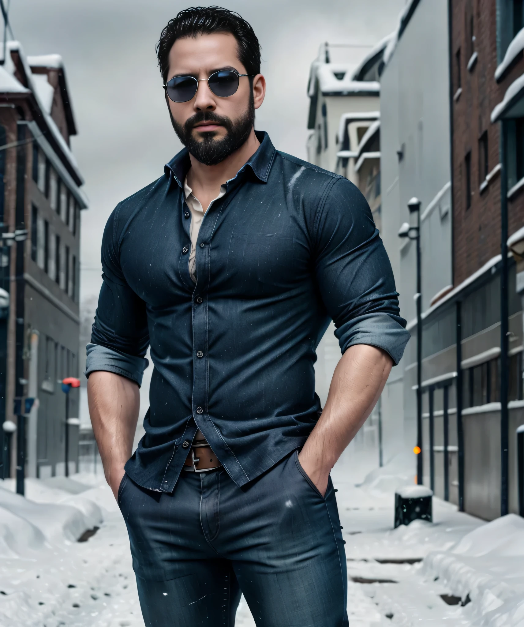 Obra maestra, desenfoque de campo, Parte superior del cuerpo, Hands in pants pockets, 38 year old men with beard and square sunglasses. Man wearing a plaid shirt in an action movie with a snow storm in the background.