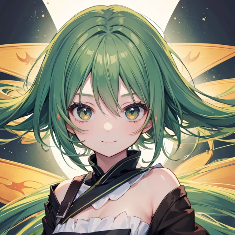Anime Style,highest quality, masterpiece,Green Hair, Brown eyes, smile,Simple Background,One Girl, fluid movement