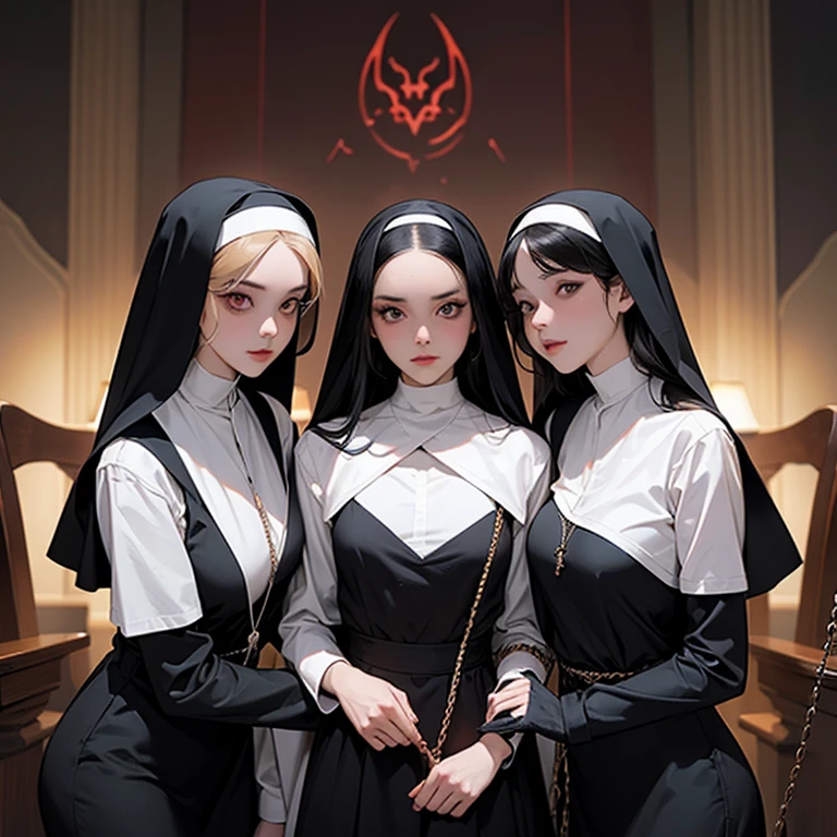 Masterpiece, dynamic shot, ((3 females)), A picture of 2 beautiful succubus girls and 1 sexy nun on a leash, ((2 demon girls and a nun)), nun, demons, beautiful demon girls, horror, dark, sexy, ((rough domination, domination)), nun on a leash, bdsm, golden chains, (golden leash), collar, beautiful bodies, slim, horror style, highly detailed faces, red silk underware, stockings, leather tight boots, closeup