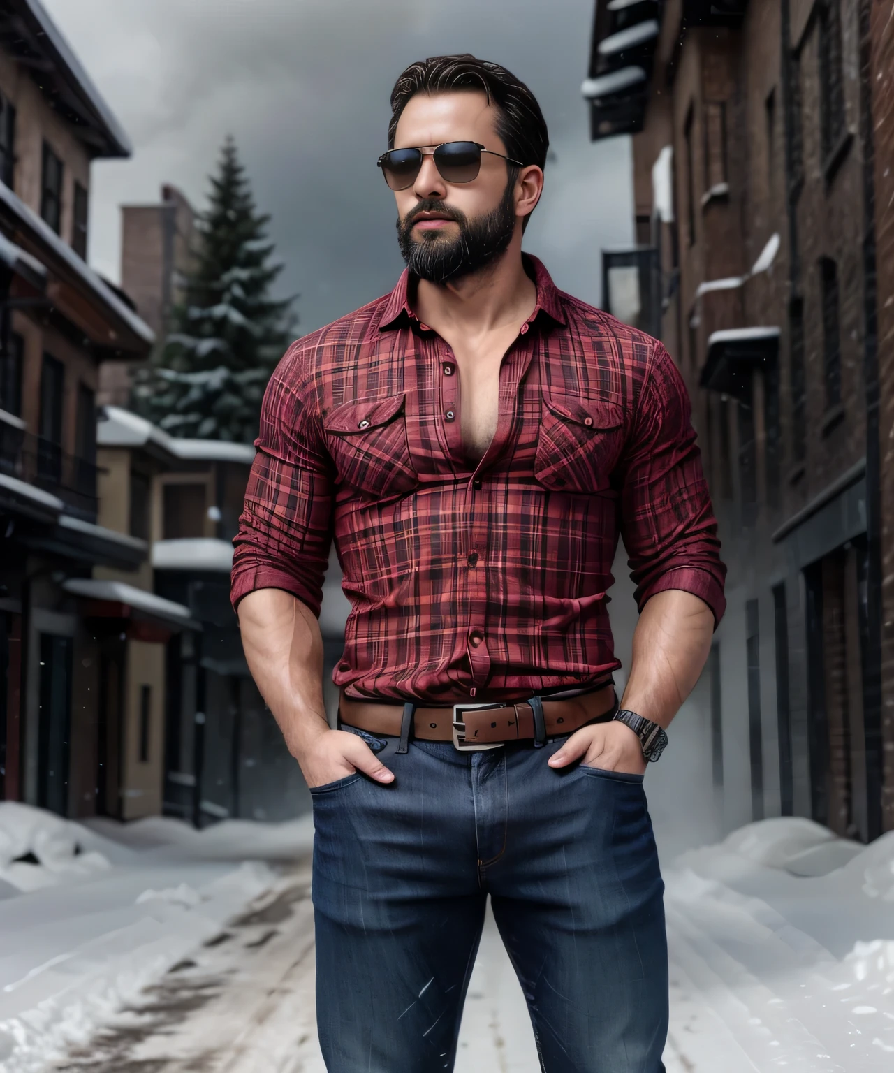 Obra maestra, desenfoque de campo, Parte superior del cuerpo, Hands in pants pockets, 38 year old men with beard and square sunglasses. Man wearing a plaid shirt in an action movie with a snow storm in the background.