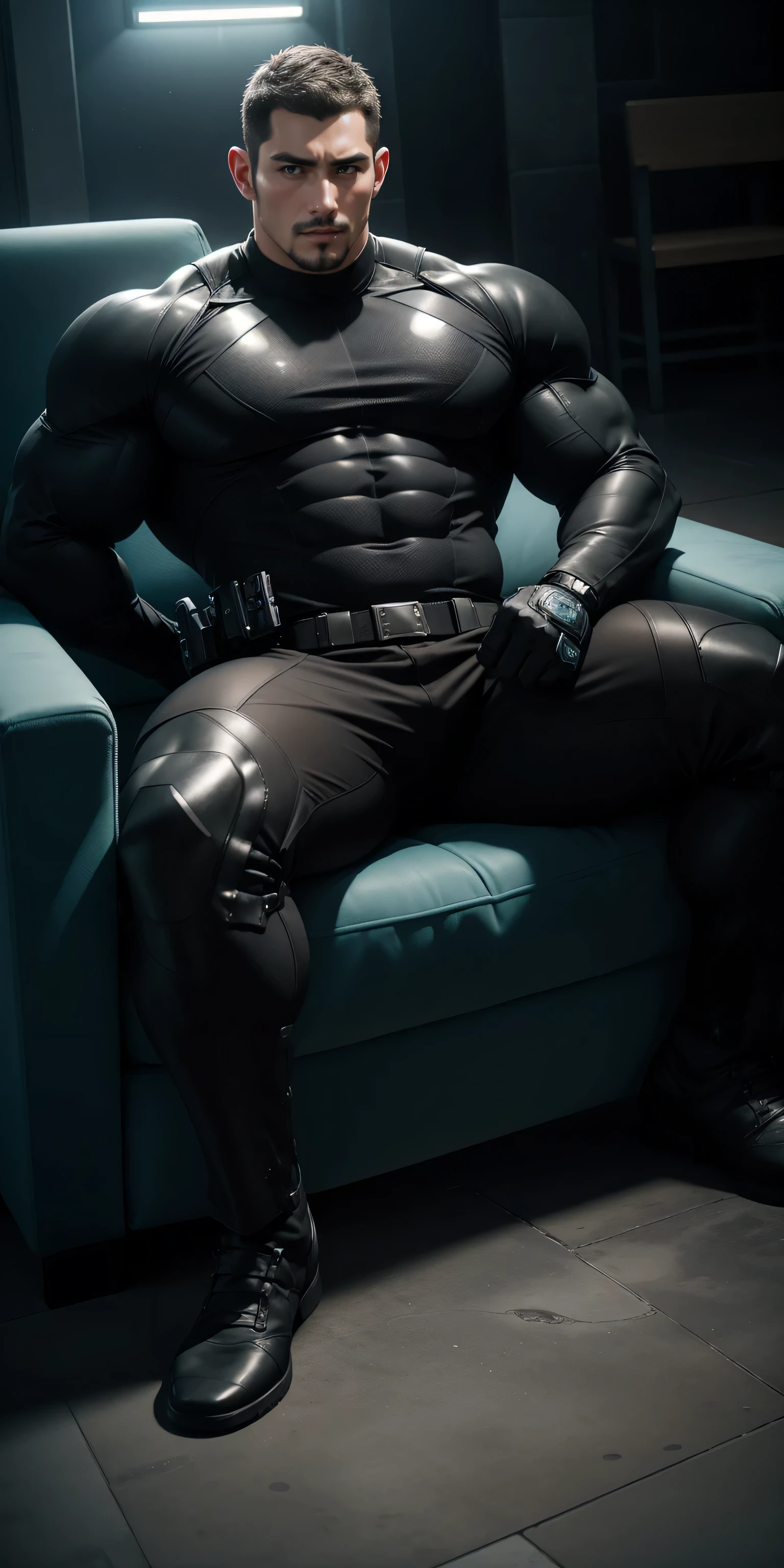 2 meters tall muscular police officer, Dark brown honeycomb nano-mech, Honeycomb pattern, Lightweight texture, character concept(Resident Evil - Chris Redfield, Chris Redfield)senior police officer, He lay on his back on the comfortable and soft sofa chair, Regular symmetrical texture pattern, A sad expression, Deep and charming eyes, Golden Eye Super Hero, Heroic male pose, tall Burly, muscular!Attractive leg muscles, High, Burly, Heqiang, Super Buff and Coolness, High Resolution Committee, Deep ultra-thin nanomechanical boots for big feet, Charismatic strongman, The bright sunshine shines on you, Matte particles, Shiny texture