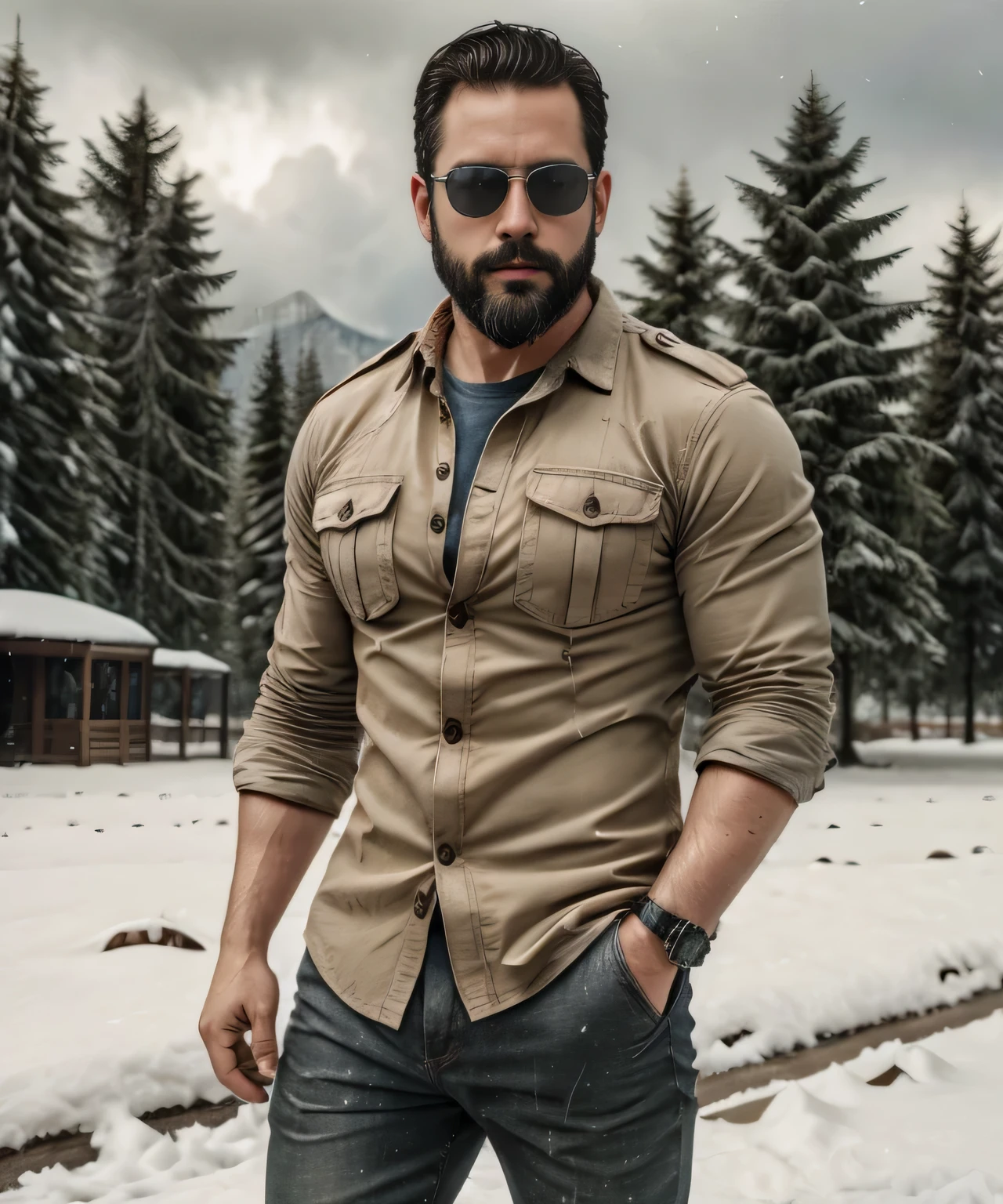 Obra maestra, desenfoque de campo, Parte superior del cuerpo, Hands in pants pockets, 38 year old men with beard and square sunglasses. Man wearing a plaid shirt in an action movie with a snow storm in the background.