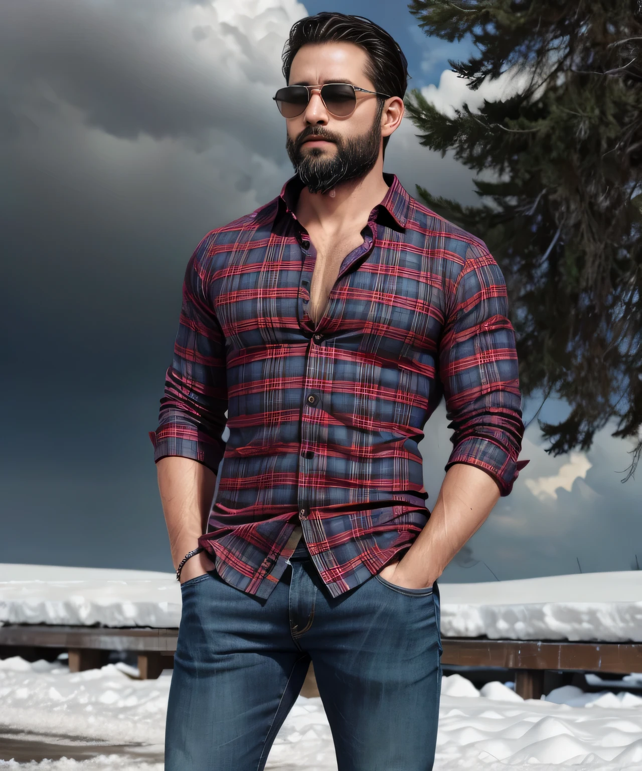 Obra maestra, desenfoque de campo, Parte superior del cuerpo, Hands in pants pockets, 38 year old men with beard and square sunglasses. Man wearing a plaid shirt in an action movie with a snow storm in the background.