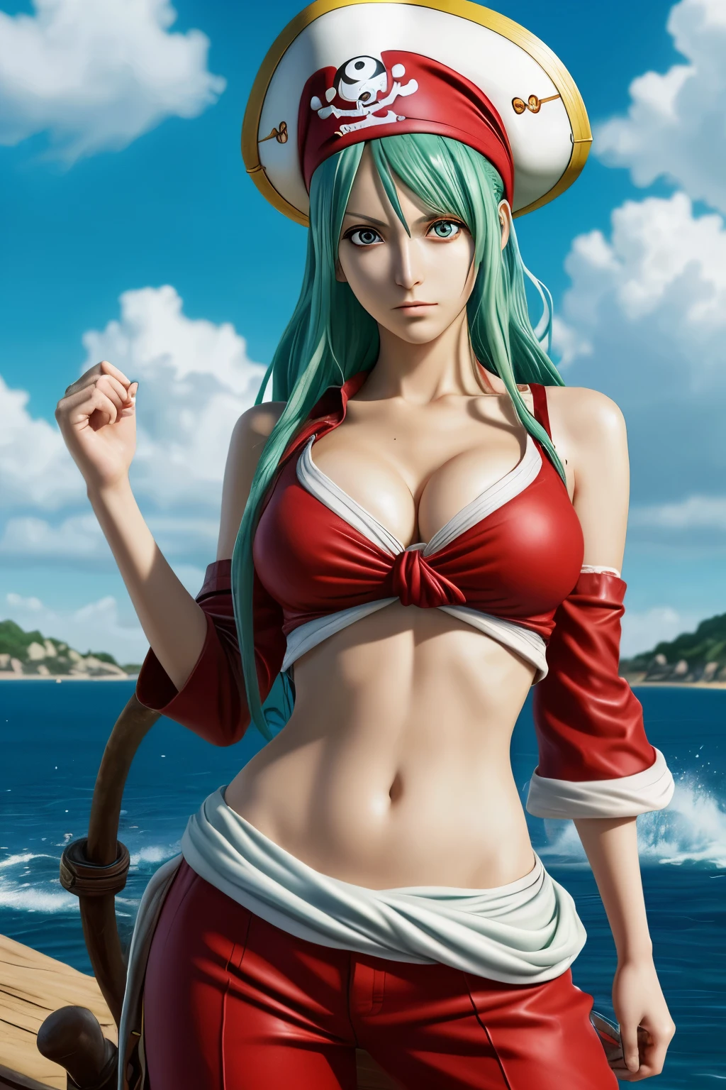Nami from One Piece, age 27, Solo, Long wavy blue-green hair, Anime style, expressive eyebrows, seductive gaze, red outfit, exposing her midriff, white sailor hat, believe it or not, a pirate captain's treasure map in hand, realistic, pirate cosplay, alluring pose, intricately detailed eyes with a twinkle, showcasing her strong and determined personality, One Piece universe, anime art, highly detailed, Manga-inspired, hyper-realistic, high resolution, vibrant colors, dynamic lighting.