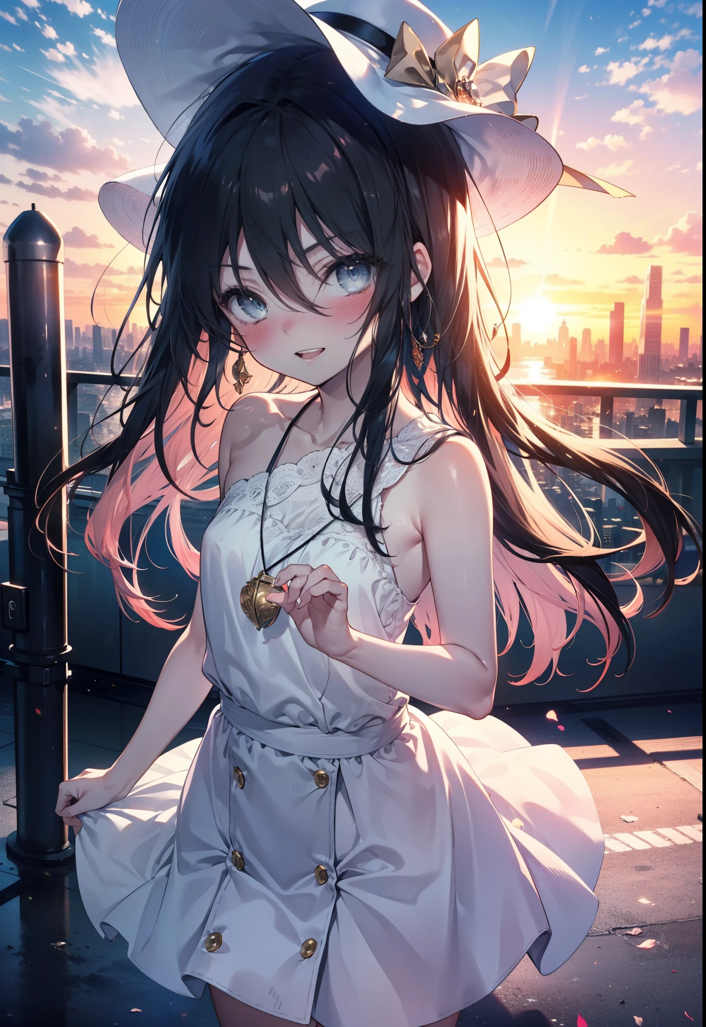 Shana,灼眼のShana,Ahoge,Long Hair,Black Hair, black eye, Small breasts,smile,blush,Open your mouth,Sleeveless dress,Bare shoulders,bare clavicle,Bare neck,Rocket Pendant,White hat,Long skirt,Cute heeled sandals,Looking down from above,sunset,evening,The sun is setting,
break looking at viewer, (Cowboy Shot:1. 5)
break outdoors, City Street,Building district,
break (masterpiece:1.2), highest quality, High resolution, unity 8k wallpaper, (shape:0.8), (Fine and beautiful eyes:1.6), Highly detailed face, Perfect lighting, Highly detailed CG, (Perfect hands, Perfect Anatomy),