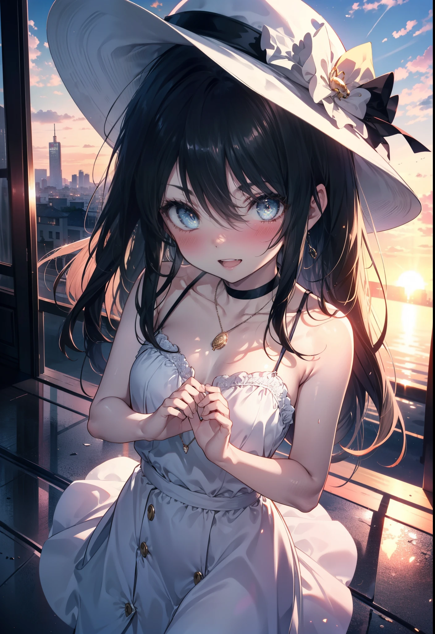 Shana,灼眼のShana,Ahoge,Long Hair,Black Hair, black eye, Small breasts,smile,blush,Open your mouth,Sleeveless dress,Bare shoulders,bare clavicle,Bare neck,Rocket Pendant,White hat,Long skirt,Cute heeled sandals,Looking down from above,sunset,evening,The sun is setting,
break looking at viewer, (Cowboy Shot:1. 5)
break outdoors, City Street,Building district,
break (masterpiece:1.2), highest quality, High resolution, unity 8k wallpaper, (shape:0.8), (Fine and beautiful eyes:1.6), Highly detailed face, Perfect lighting, Highly detailed CG, (Perfect hands, Perfect Anatomy),