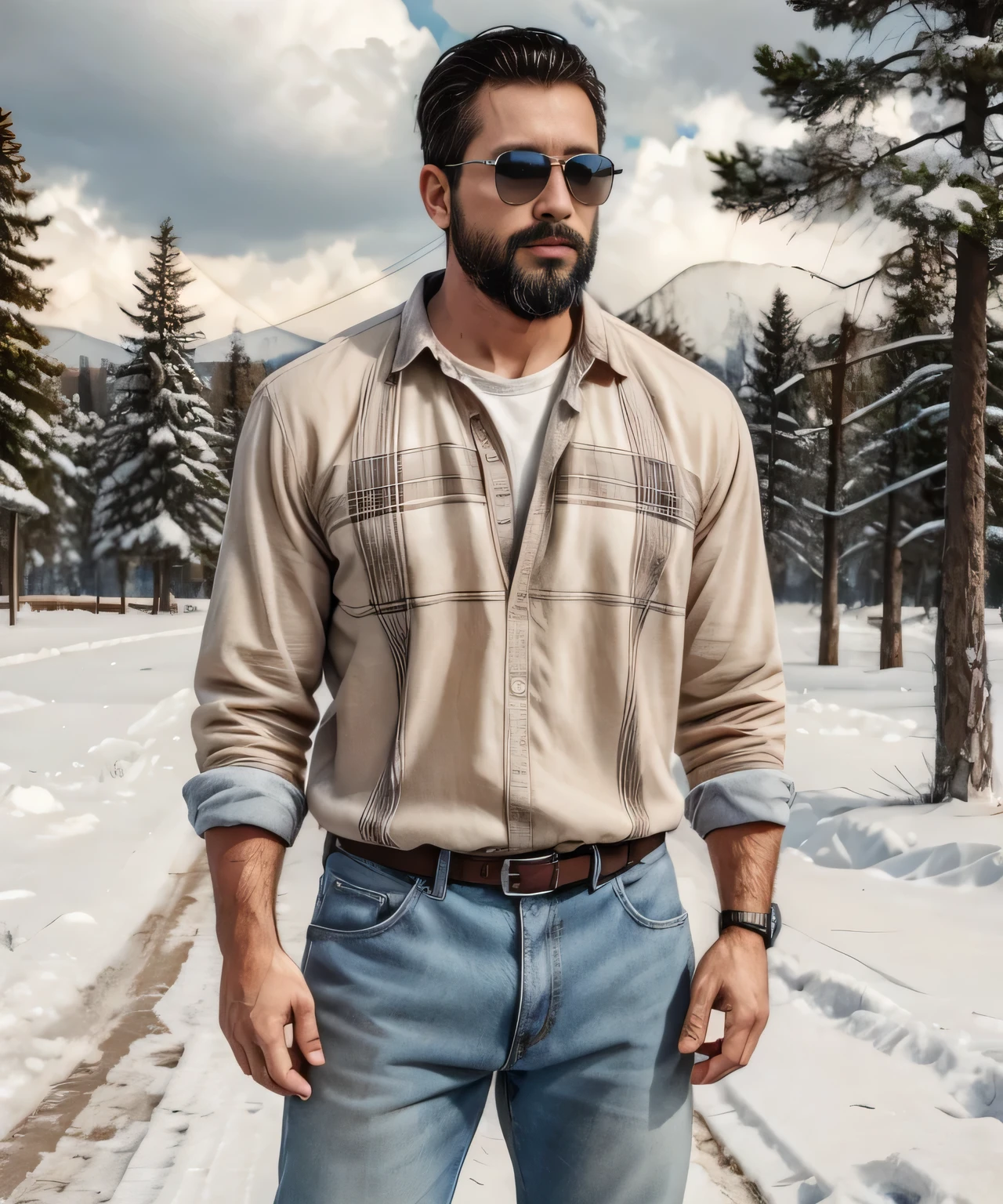 Obra maestra, desenfoque de campo, Parte superior del cuerpo, Hands in pants pockets, 38 year old men with beard and square sunglasses. Man wearing a plaid shirt in an action movie with a snow storm in the background.