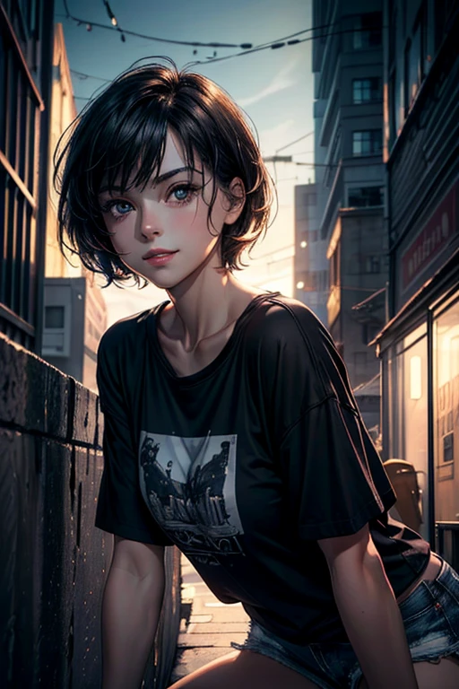 (masterpiece:1.1), best quality, (ultra detailed:1.3), super fine illustration, realistic, solo, woman, from below, beautiful face and eyes, short hair, dishevled hair, black t-shirt and short shorts, Waiting and watching, I&#39;m a cool woman who likes mischief., grinning, Distant city, warm lighting,