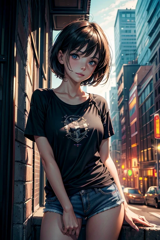 (masterpiece:1.1), best quality, (ultra detailed:1.3), super fine illustration, realistic, solo, woman, from below, beautiful face and eyes, short hair, dishevled hair, black t-shirt and short shorts, Waiting and watching, I&#39;m a cool woman who likes mischief., grinning, Distant city, warm lighting,