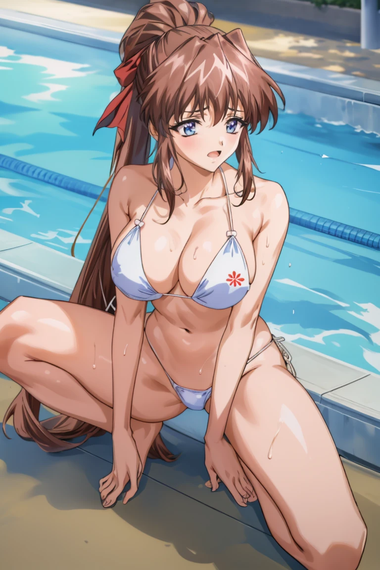 masterpiece, highest quality,Perfect Anatomy,Aoikan,1 girl、ponytail, Brown eyes,(((White string bikini)))、,Poolside,smile、Full body photography、Open your mouth、sweat all over the skin、