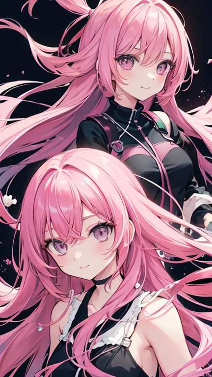 Anime Style,highest quality, masterpiece,Pink Hair,  Black eyes, smile,Simple Background,Two Girls, fluid movement