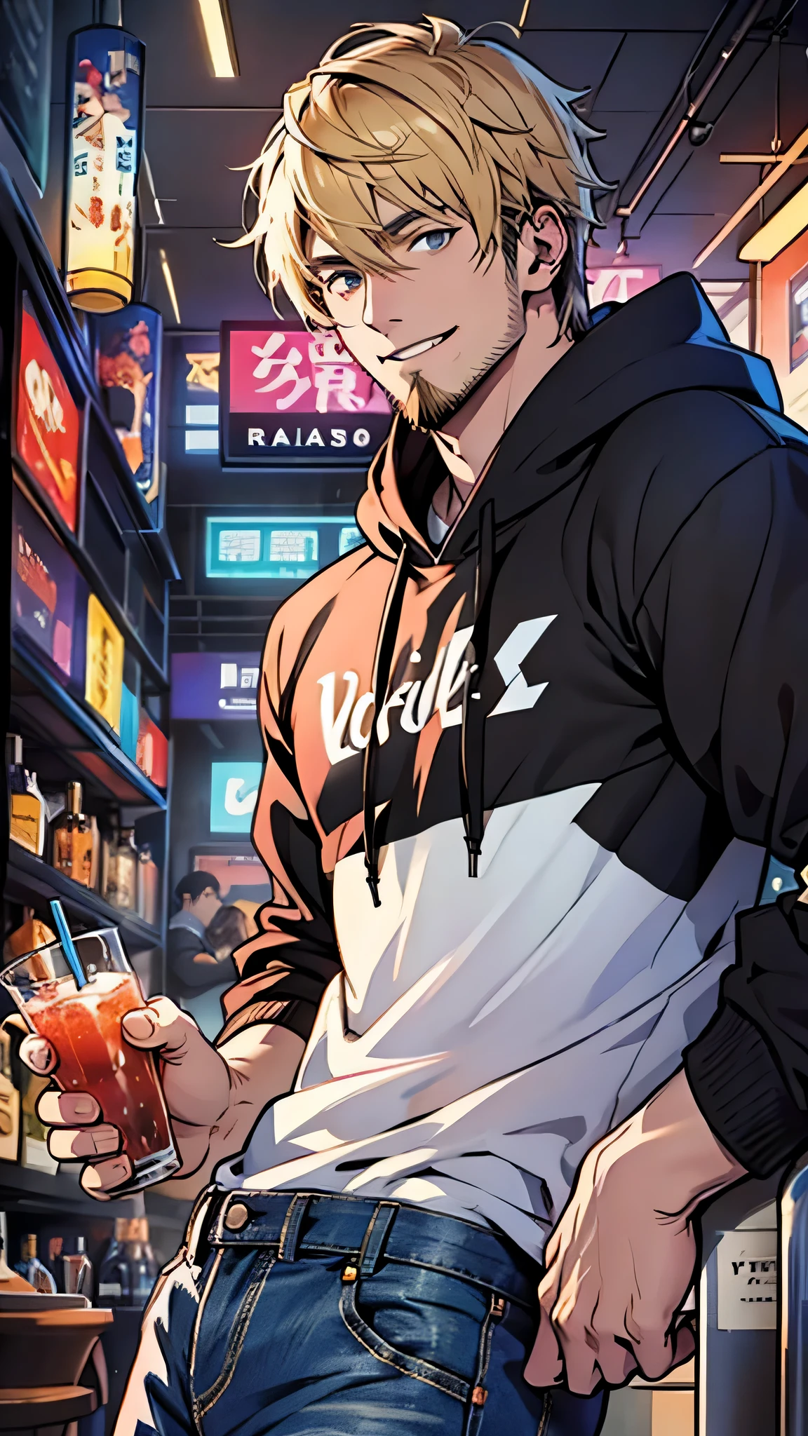 最high quality、Best image quality、masterpiece、male((20-year-old、Blonde、Shortcuts,Black hoodie、Blue denim trouseressy Hair、Muscle chamber、smile、earphone jack,beard、Macho)),high quality、Beautiful art、background((Disco、Cocktail Bar))、Flight、Flying debris、Written boundary depth、movie、Visual Arts、Perfect art、8K,Genuine、