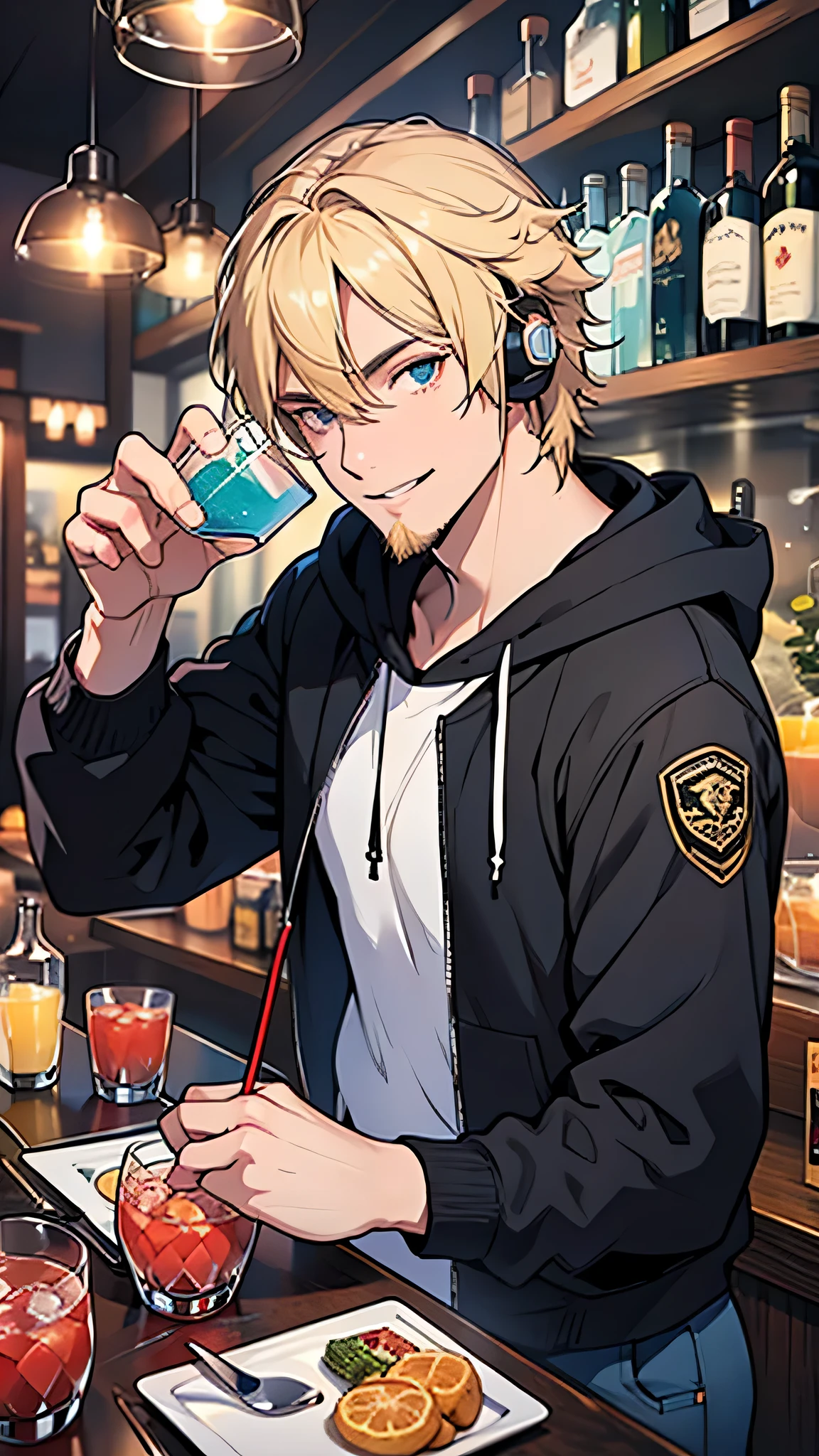最high quality、Best image quality、masterpiece、male((20-year-old、Blonde、Shortcuts,Black hoodie、Blue denim trouseressy Hair、Muscle chamber、smile、earphone jack,beard、Macho)),high quality、Beautiful art、background((Disco、Cocktail Bar))、Flight、Flying debris、Written boundary depth、movie、Visual Arts、Perfect art、8K,Genuine、