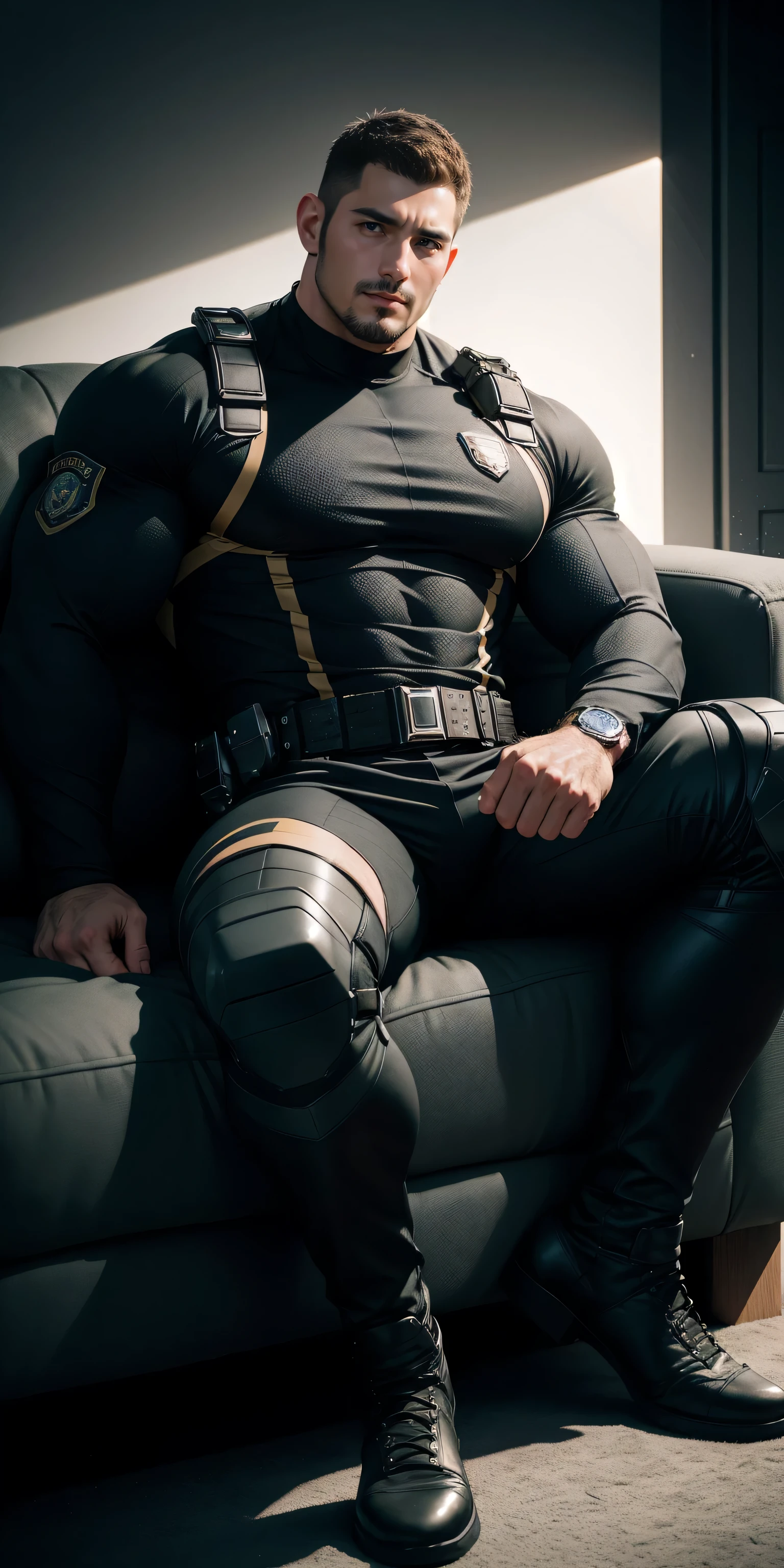 2 meters tall muscular police officer, Coffee honeycomb nano-mech, Honeycomb pattern, Lightweight texture, character concept(Resident Evil - Chris Redfield, Chris Redfield)senior police officer, He lay on his back on the comfortable and soft sofa chair, Regular symmetrical texture pattern, A sad expression, Deep and charming eyes, Golden Eye Super Hero, Heroic male pose, tall Burly, muscular!Attractive leg muscles, High, Burly, Heqiang, Super Buff and Coolness, High Resolution Committee, Deep ultra-thin nanomechanical boots for big feet, Charismatic strongman, The bright sunshine shines on you, Matte particles, Shiny texture