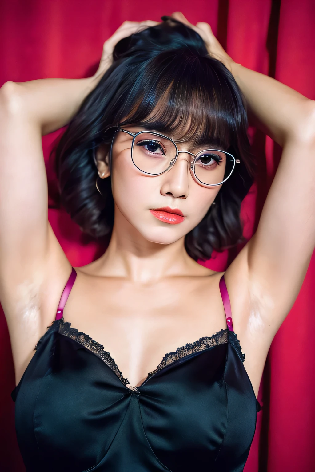 1girl, short hair, cinematic, sharp lense, professional photographie, 70mm lense, 4k, red pink lips, black lingerie, armpit, glasses, nipple