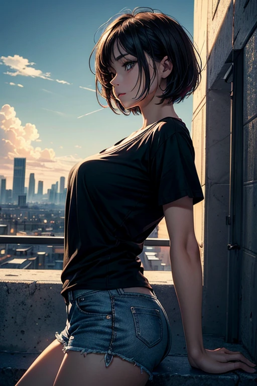 (masterpiece:1.1), best quality, (ultra detailed:1.3), super fine illustration, realistic, solo, woman, from side, from below, beautiful face and eyes, short hair, dishevled hair, black t-shirt and short shorts, Waiting and watching, beautiful sky and clouds, Distant city, warm lighting,