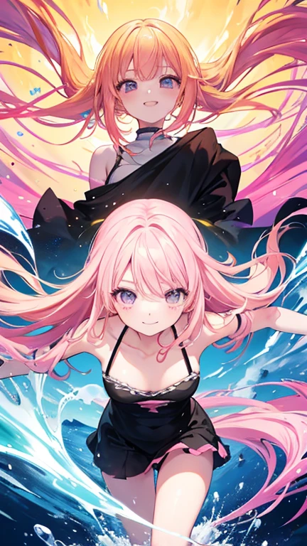 Anime Style,highest quality, masterpiece,Pink and yellow hair,  Black eyes, smile,Simple Background,Two Girls, fluid movement,one piece
