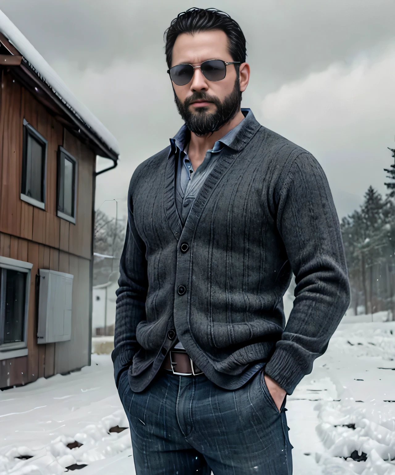 Obra maestra, desenfoque de campo, Parte superior del cuerpo, Hands in pants pockets, 38 year old men with beard and square sunglasses. Man wearing a plaid shirt in an action movie with a snow storm in the background.