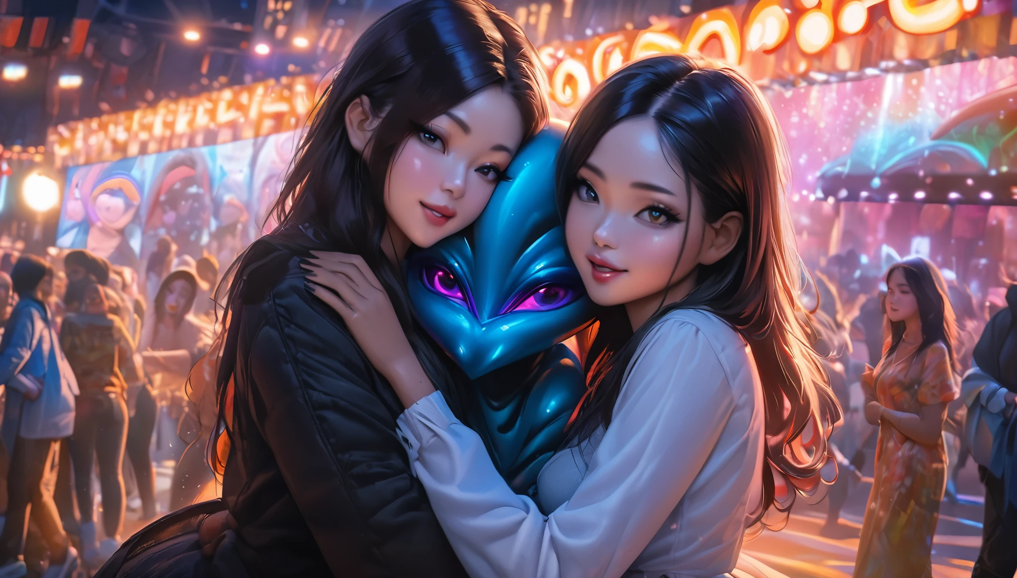 (A stunning nubile Malaysian woman, blessed proportions, seductive, dressed appropriate to the scene) nubile, strolling and very friendly with the locals (selfies, hugs, etc.), friendly fluorescent tentacle aliens locals, neon-lit beach, starry otherworldly sky, oil painting, best quality, ultra-detailed, photorealistic, vivid colors, portraits, warm and vibrant color palette, soft and diffused lighting.