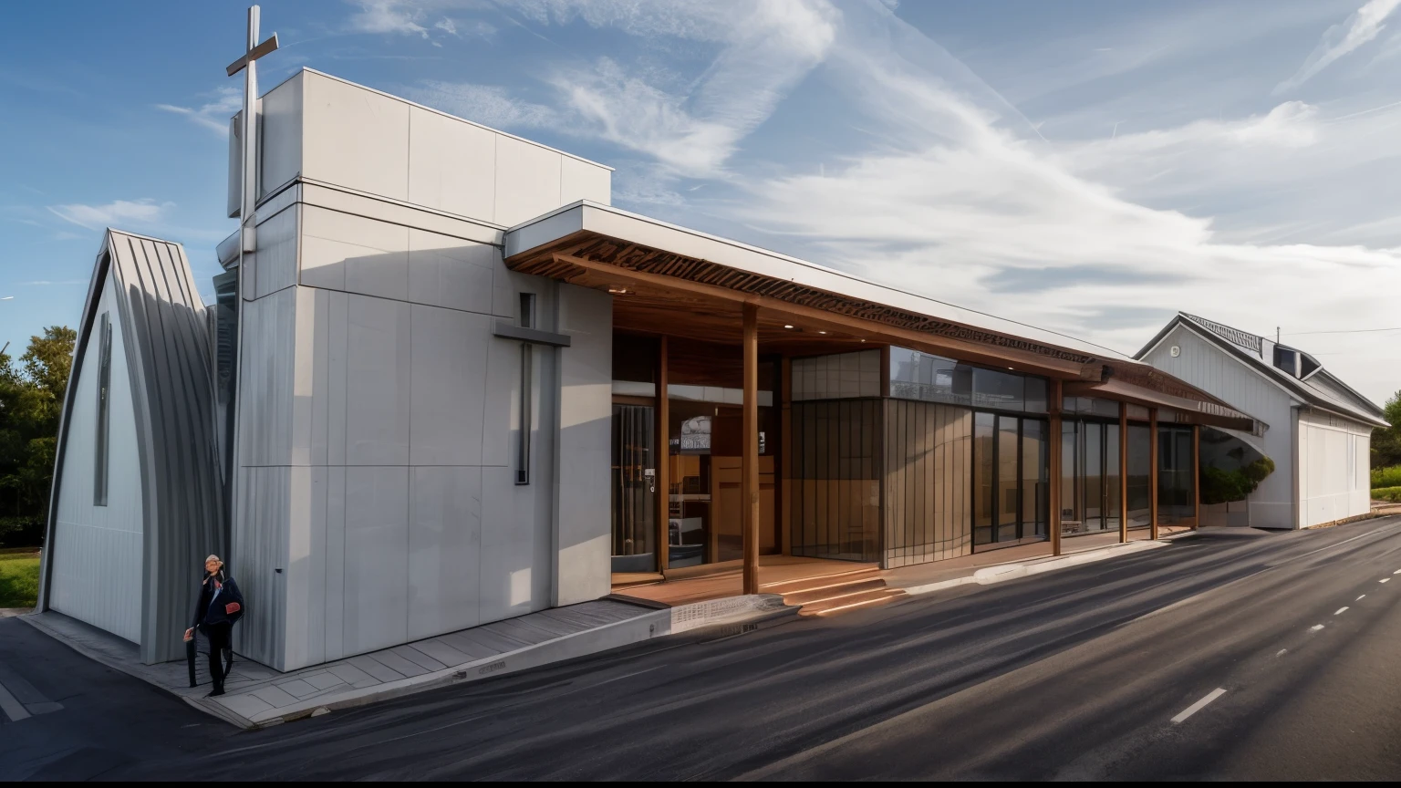 ((( exterior church:1.1 ))), contemporary style, white wall, wood wall, wood door, glass window, (realistic:1.3), Masterpiece, high quality, best quality, authentic, super detail, outdoors,road,pavement, grass, trees, sky, cloud, (daylight:1.3)