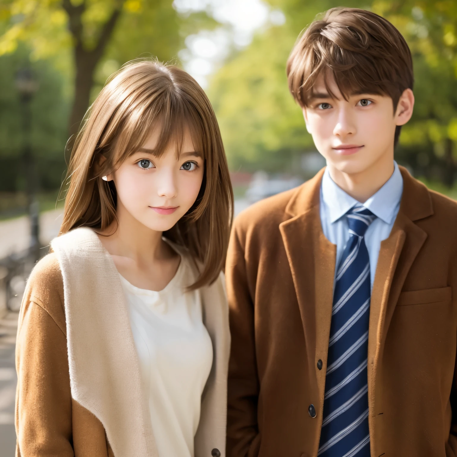 A light brown-haired girl and a brown-haired boy stand side by side。
