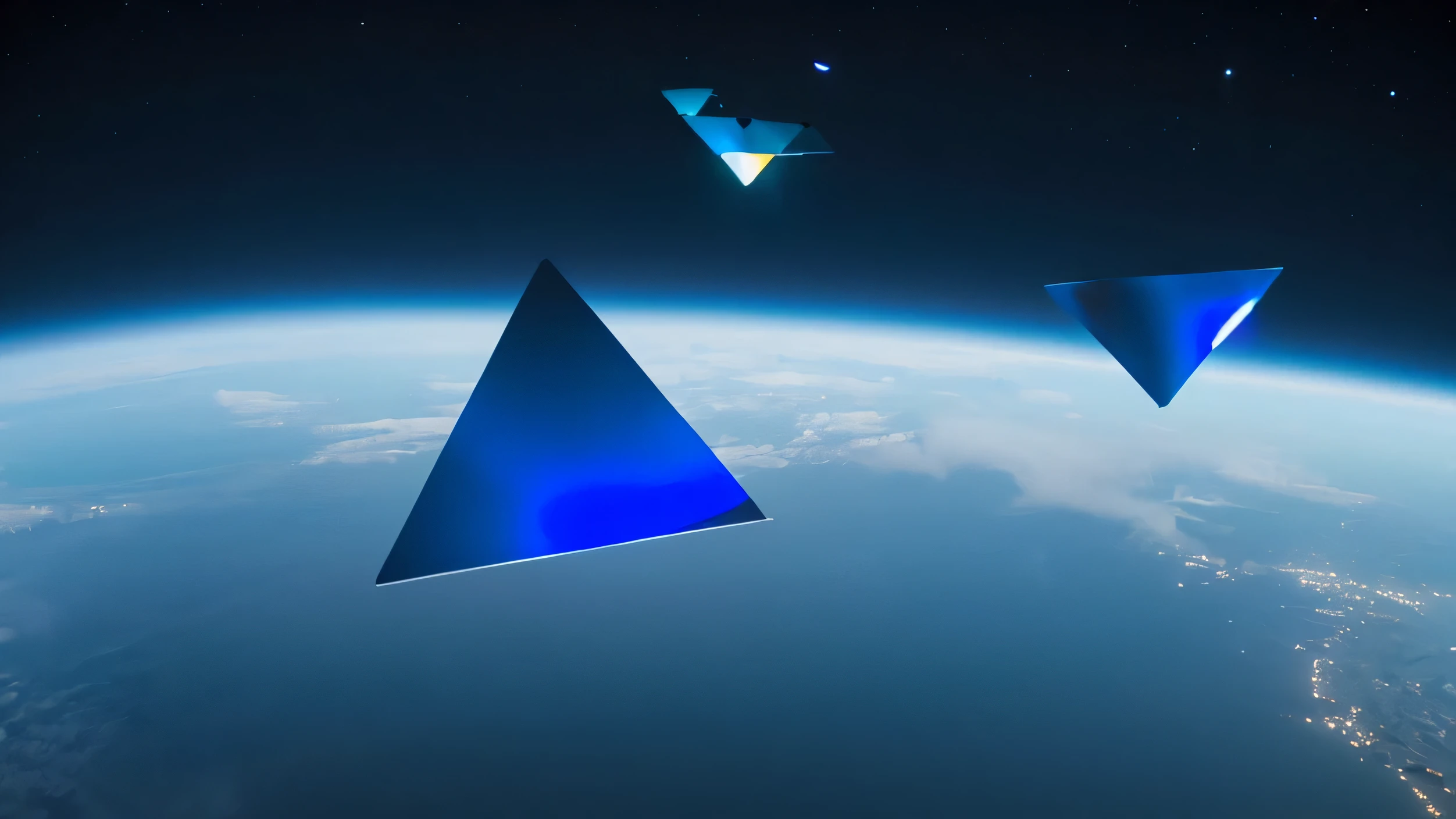 Developing triangles floating in space, glowing blue-white