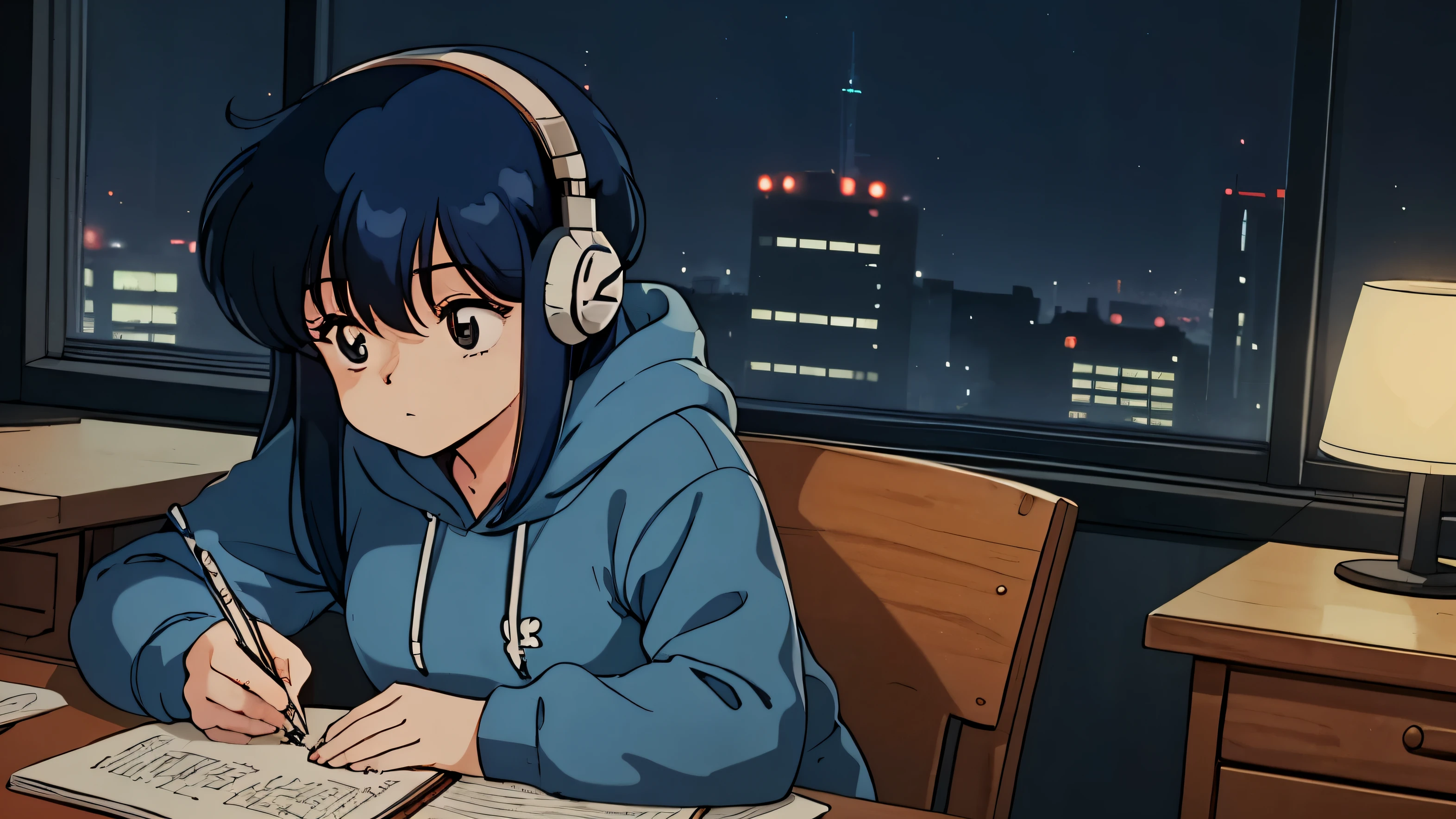 (80s anime),(city pop),(Ghibli),(ultra-detailed,master piece,best quality,high resolution,perfect eyes,perfect hands,ultra-detailed eyes,perfect fingers),(A girl wearing headphones and a blue hoodie and blue pants is studying hard at her desk in her room), (expressionless girl),(the girl doesn't look this way),(You can see the city pop-style night view from the window),(the girl is writing in a notebook,atmosphere of the night,so dark that you can see the night,so dark that you can see the night),(hide your fingers )
