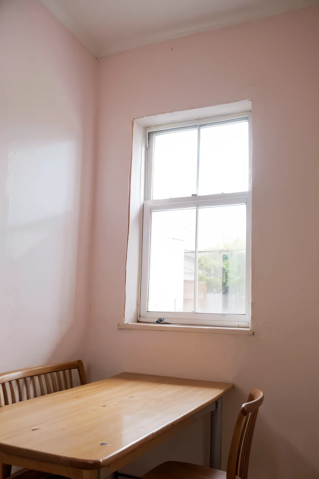 Small Window side,with a  table overlapping the wall, pink wall, no blurry vision, view from side, 
 closeup look 
