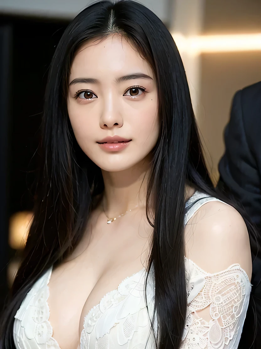 ((masterpiece、highest quality、Genuine、Very detailed、High resolution、Realistic、Sharp focus、Live Shooting、Cinema Lighting))、High color saturation、High Contrast、((Portrait of an amazingly beautiful woman、Bust Shot、Focus from the chest up))、Heavy makeup、smile、black eye、Detailed, symmetrical and realistic face、Long black hair、Straight Hair、Black business suit、a room in the office、Detailed depiction of the hand