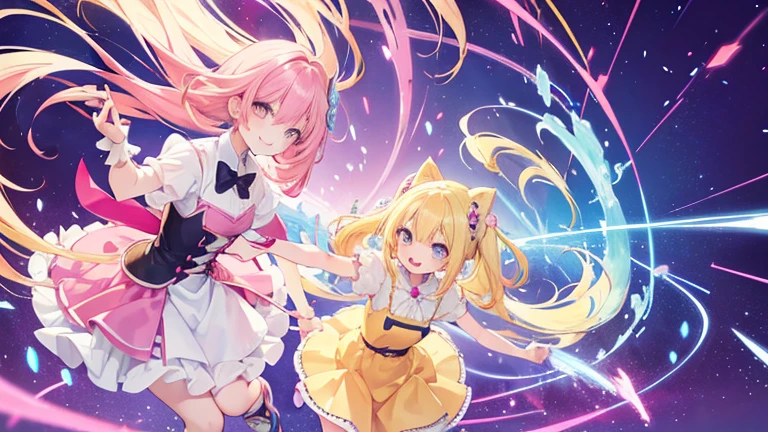 Anime Style,highest quality, masterpiece,Pink and yellow hair, Iris, smile,Simple Background,Two Girls, fluid movement,Mini Dress