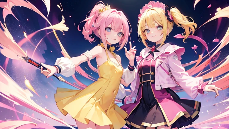 Anime Style,highest quality, masterpiece,Pink and yellow hair, Iris, smile,Simple Background,Two Girls, fluid movement,Mini Dress