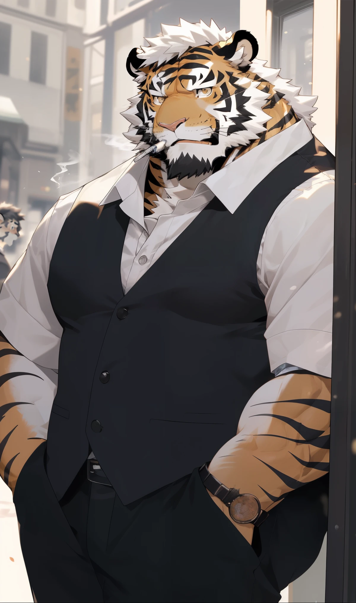 hairy,(tiger,Black short sleeve:1.3,Against the wall:1.3)beard,Golden fur,(smokes:1.3),Smirking with a cigarette in his mouth,male,Common,full-body shot,Real background,极其lifelike阴影,masterpiece,Very detailed,lifelike。