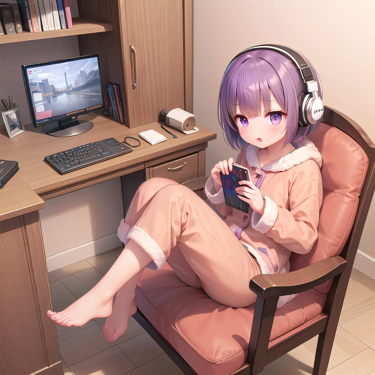 ((Little, Miniature, Genuine,Peach Lots, 3DCG, 1 girl: 1.3)), (masterpiece, Almond-shaped eyes, Shiny purple hair, Medium Short Hair, highest quality, Carefully drawn fingertips and toes, Warm clothes, Smooth and beautiful skin: 1.3), (Red cheeks, Fluffy pajamas, whole body, Antique furniture, Wide々and study, Chair, Colorful design, Comfortable Living, wake up: 1.1), (There is a small desk in the corner of the room.、There you can immerse yourself in your creativity., And the tools of art shine brightly, Create a quiet and creative space. :1.1)、I have headphones on、Touching the phone