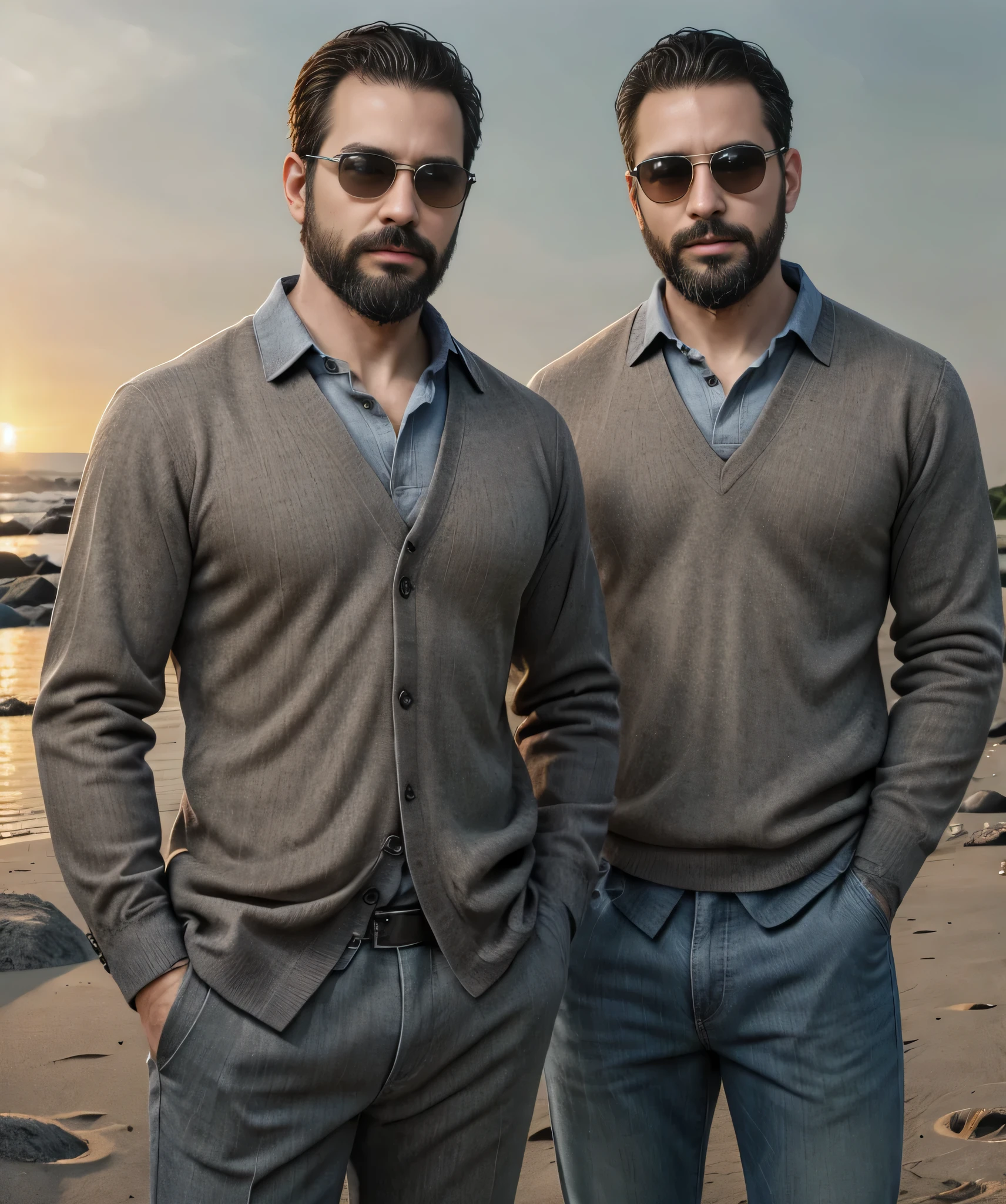 Obra maestra, desenfoque de campo, Parte superior del cuerpo, Hands in pants pockets , Two 38 year old men with beards and square sunglasses... Men dressed in a plaid shirt at an action movie in Japan with a sunset in the background.