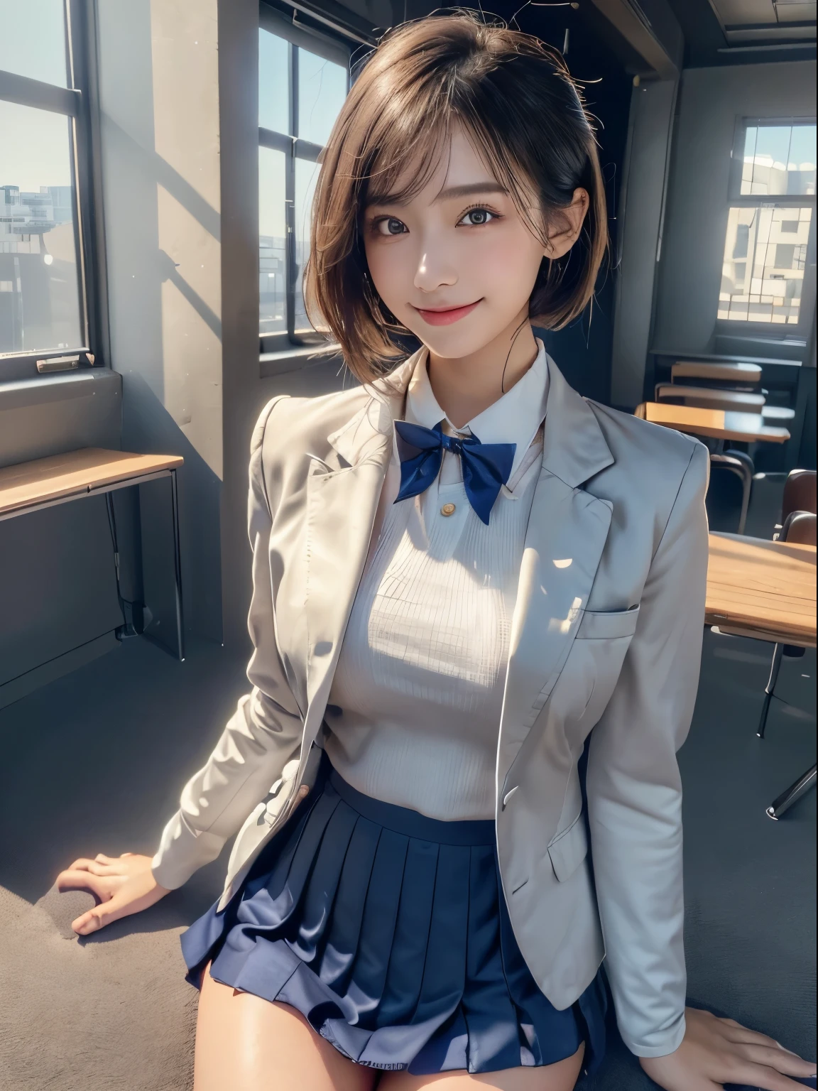 (highest quality,masterpiece:1.3,Ultra-high resolution),(Very detailed,Caustics,8K),(Realistic:1.4,RAW shooting),Front shot,classroom,Chairに座る女の子,forward leaning posture,mechanical,Chair,18-year-old,cute,Short black hair,Smiling and looking at camera,Navy blue blazer uniform,ribbon,White blouse,Pleated skirt,black tights,Thigh Focus,Thigh close-up,Low position,Low - Angle,Cowboy Shot,Natural light