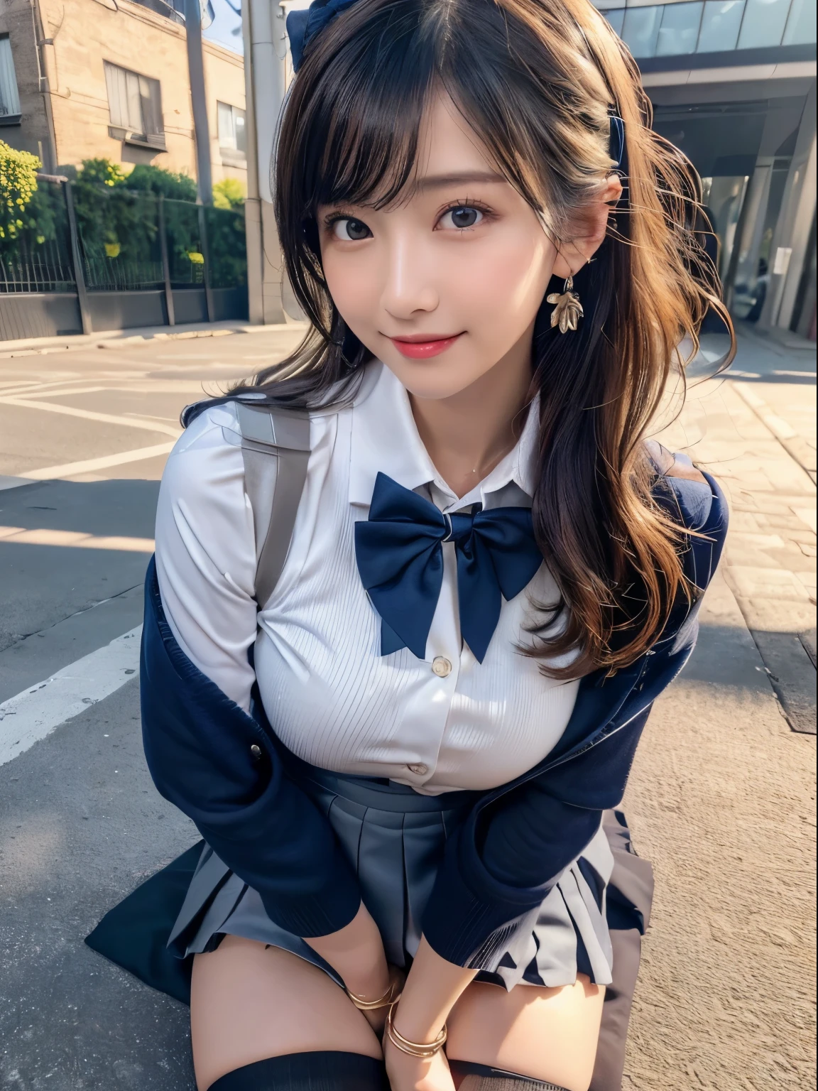 ((highest quality)),(超A high resolution),(Very detailed),(Detailed Description),((The best CG)),(masterpiece),super precision art, short hair、(highest quality、8k、32k、masterpiece)、(Realistic)、(Realistic:1.2)、(High resolution)、Very detailed、Very beautiful face and eyes、1 female、Tight waist、Delicate body、(highest quality、Attention to detail、Rich skin detail)、(highest quality、8k、Oil paint:1.2)、Very detailed、(Realistic、Realistic:1.37)、Bright colors、Perfect Face, Perfect Anatomy, Cute and symmetrical face, Shiny skin,
Beautiful breasts, Beautiful thighs, Beautiful legs, Beautiful fingers,
(((Navy Blazer:1.2, Navy Pleated Mini Skirt), Closed blazer, Grey bow tie, White collared shirt), Black thigh-high socks),
(Beautiful views), Written boundary depth, morning, (Schoolyard), Are standing, (Place your hand on your chest), (Cute Smile, Open your mouth),