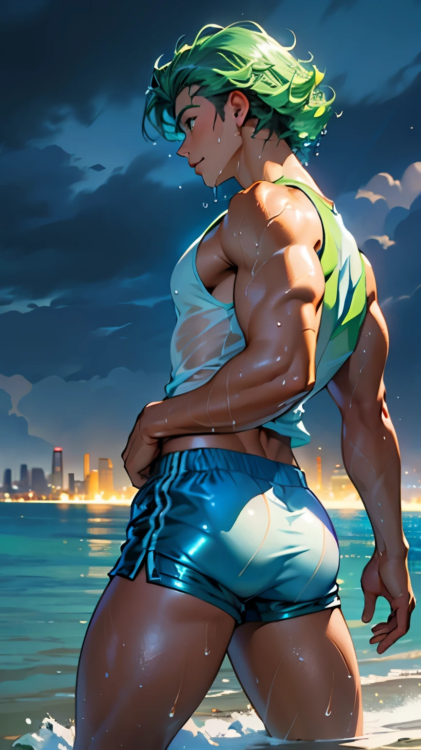 (((1 guy))),((extremely cute and beautiful boy)), watercolor, Peter Pan examines the buttocks of a -yeld Brlian boy,(((big ass))),((curly hair,short hair))),(((tanned skin,shiny skin,very shiny body,plastic shiny skin,exaggerated ,lit skin,wet legs))),detailed body,cute,slutty,seductive,erotic,(((NFV))), revealing clothes,((rave mini shorts,white loose tank top)),((wet clothes,complicated outfit,complicated clothes)), (dynamic pose:1.0),embarrassed, by the ocean at night, dark storm clouds and puddles, landscape:1.25, (extremely detailed CG unity 8k wallpaper),( ((bright colors))),(complex background),(masterpiece),(Best quality)