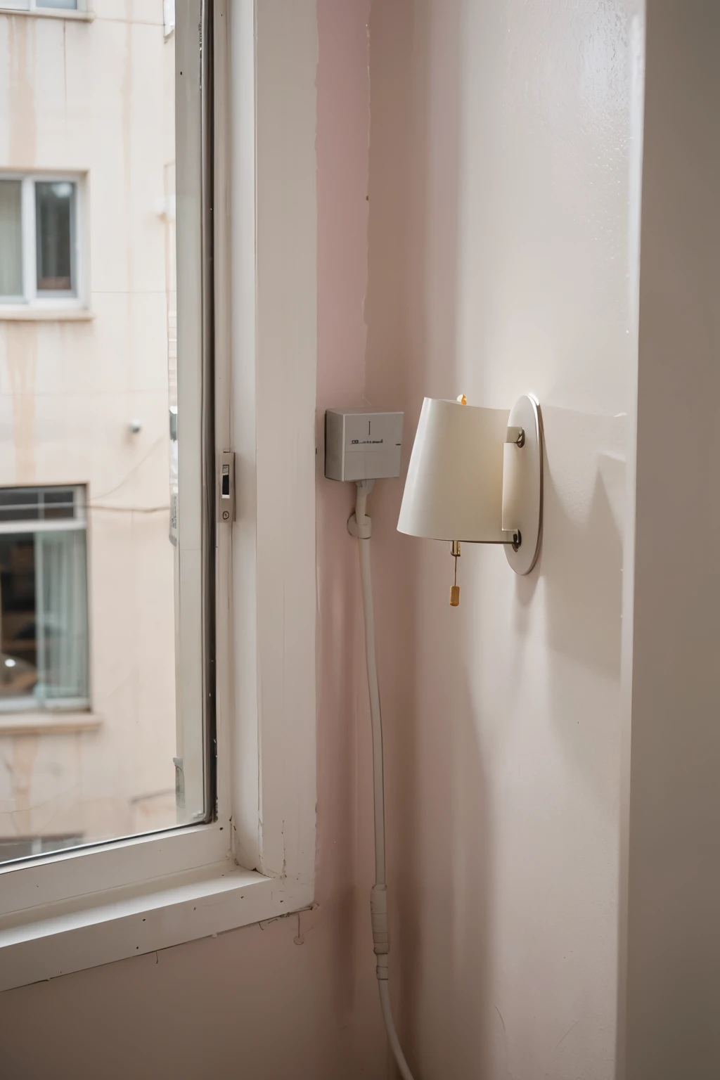 Small Window side,with a  table overlapping the wall, pink wall, no blurry vision, view from side, 
 closeup look 
