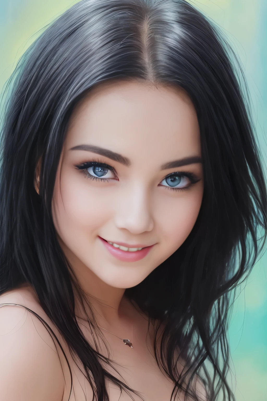 A 22-year-old girl with a face reminiscent of Amy Lee's, blue eyes, and a smile, stands naked, her black hair cascading down in hyperrealistic detail. Her full body is on display, every curve and detail captured in stunning clarity. The background is blurred, drawing all attention to her. Her rostro, or face, is similar to Amy Lee's with a subtle resemblance in nose shape and jawline, adding intrigue to the image. Her ojos azules, or blue eyes, sparkle with life as she offers a sonrisa, or smile, to the camera. Her cabello negro, or black hair, is in stunning detail