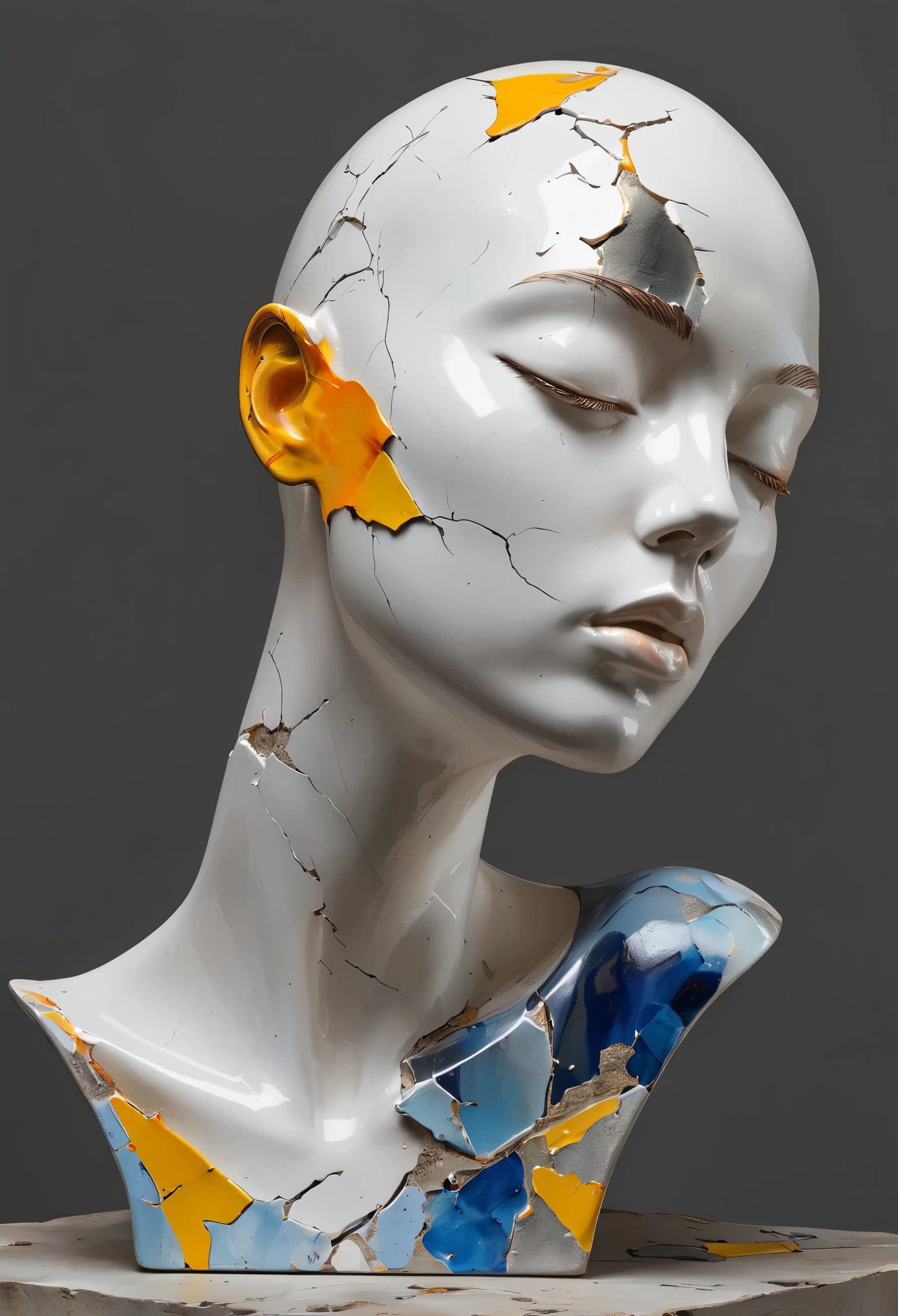 ((display，Still life table，Artistic statues，3D Sculpture，ceramics，Surface cracks，Shattered Texture))，((Elegant temperament，Beautiful Portrait，Baldhead))，,Acrylic paint on shoulders，Porcelain fragments，The face is painted with oil paint,Dark background，Light and shadow contrast