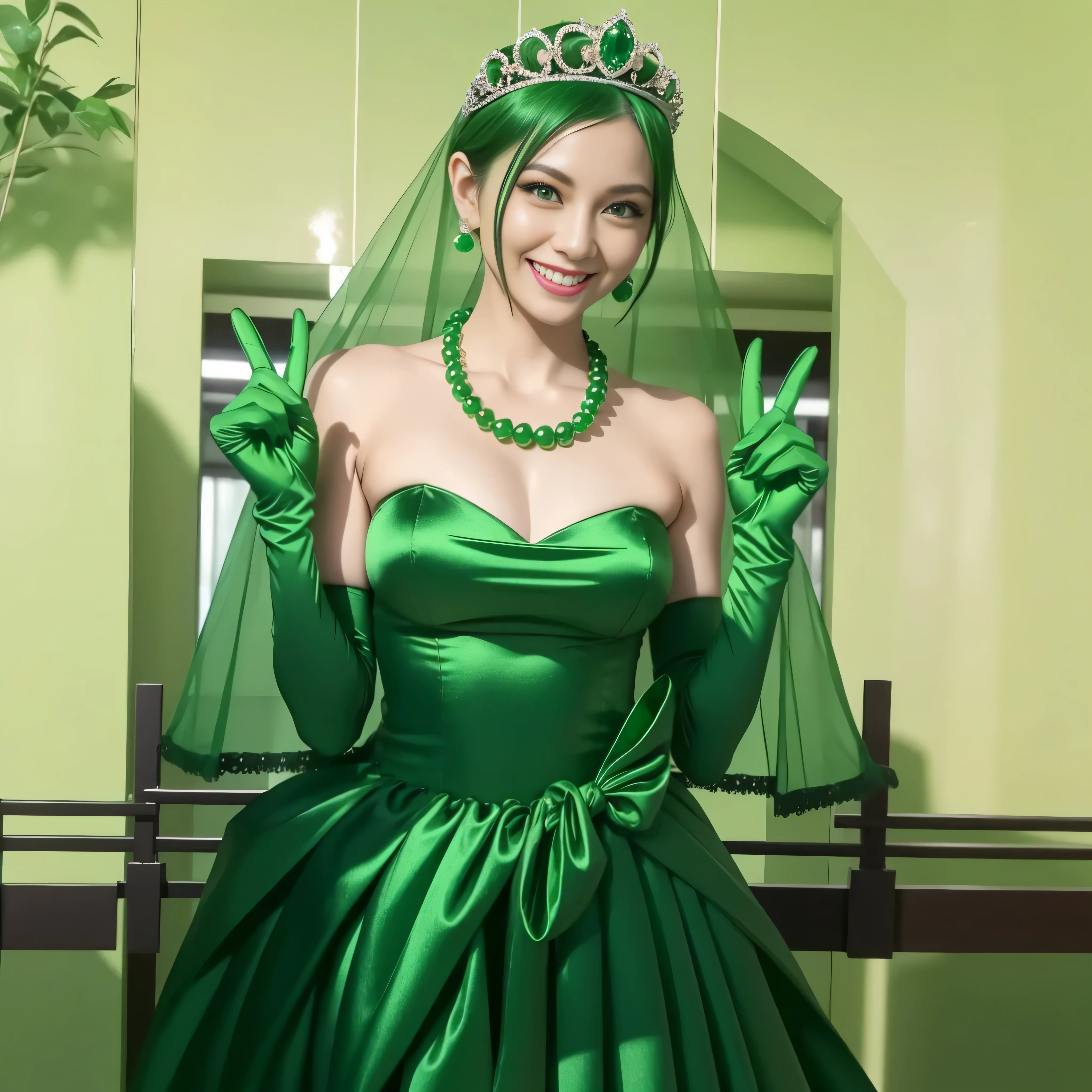 Emerald tiara, Green Pearl Necklace, Boyish very short green hair, lipstick, Smiling Japanese woman, Very short hair, Big tits beautiful, Green Eyes, Long green satin gloves, Green Eyes, v sign, Emerald Earrings, Green Veil