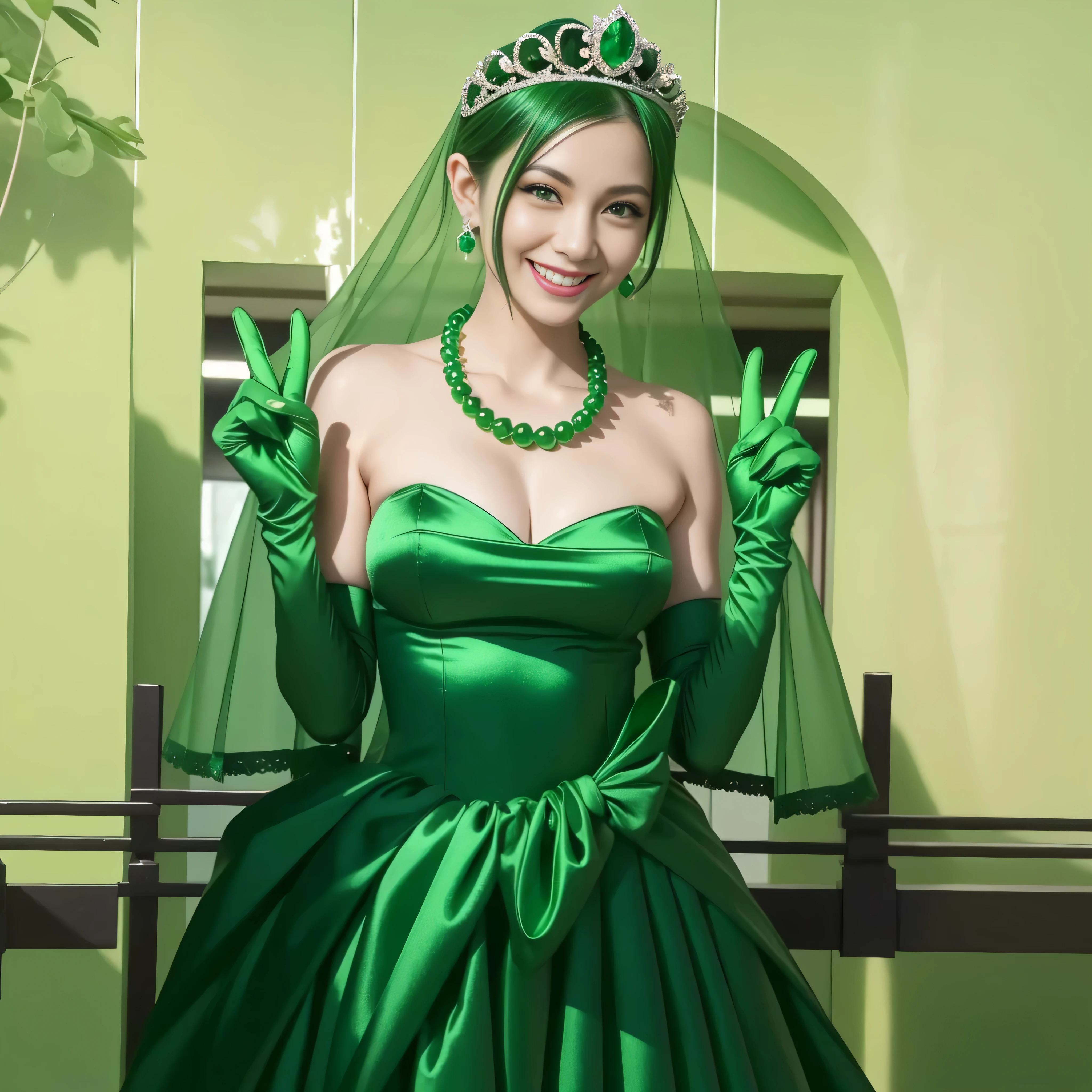 Emerald tiara, Green Pearl Necklace, Boyish very short green hair, lipstick, Smiling Japanese woman, Very short hair, Big tits beautiful, Green Eyes, Long green satin gloves, Green Eyes, v sign, Emerald Earrings, Green Veil
