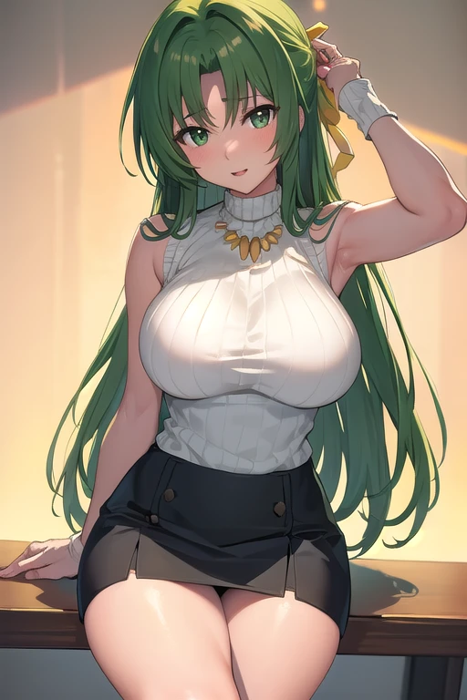 masterpiece, best quality, ultra-high-detailed,Sonozaki Shion, green hair, green eyes, long hair, yellow ribbon, yellow necklace, turtleneck sweater, black skirt, huge breasts