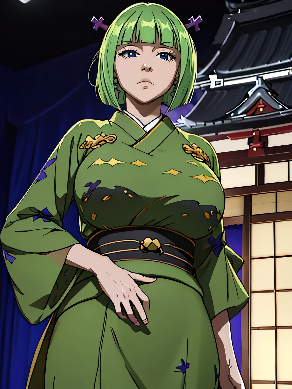 ,(Best quality,4k,8K,a high resolution,masterpiece:1.2),realistic ultra,(((Traditional Japanese clothing)))), (((Kimano))), sexy ,((Cute expression)),(green eyes),Beautiful face,Sweet Lips,light green hair,square,I look at the viewer,(big breasts),on open air,determination in her eyes,(Best quality,4k,8K,a high resolution,masterpiece:1.2),realistic,ultra detailed,Cute expression,confident and fearless,Bright colors,muscular build,slim and fit figure,epic fantasy work, sexy and fearless,Stage lighting,Bright colors,muscular build,slim and fit figure,Park,(frightened)