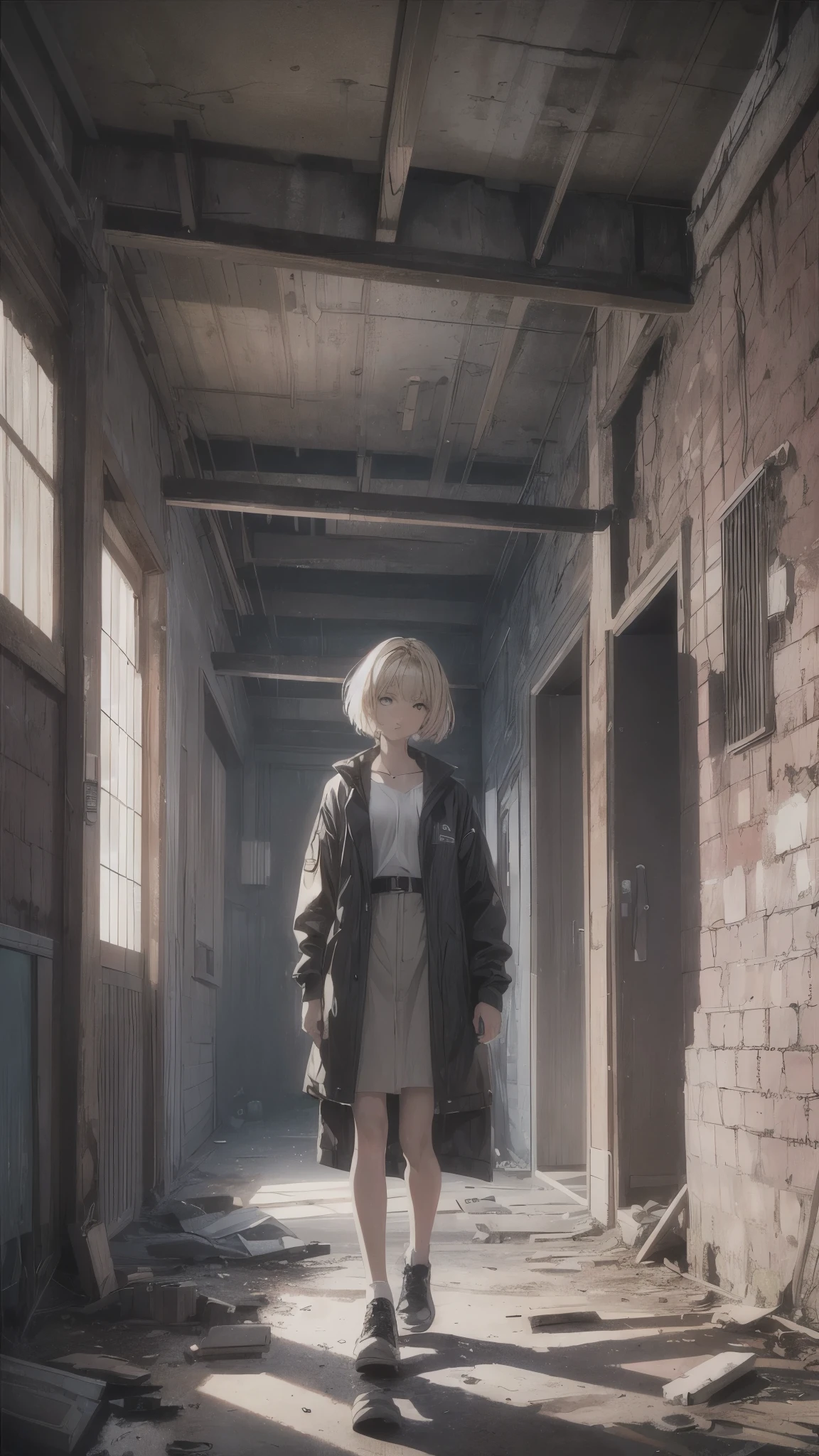 (best quality,4k,highres,ultra-detailed,realistic:1.2) Cloudy sky,Inside the abandoned house,Inside the dark huge room,one woman 20years old,short blonde hair,she’s wearing army’s style,the woman is standing on the dark room,(woman close up)