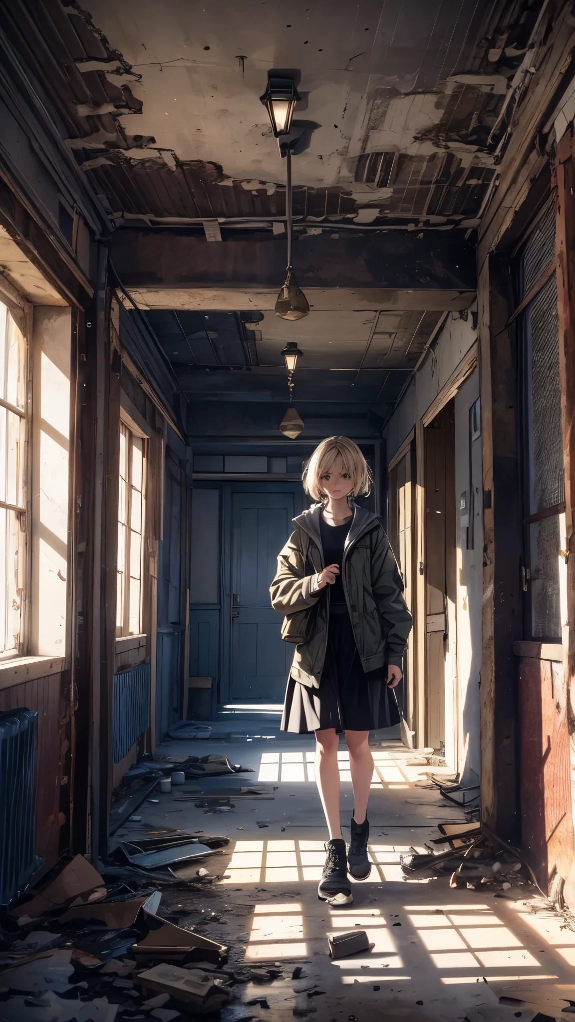 (best quality,4k,highres,ultra-detailed,realistic:1.2) Cloudy sky,Inside the abandoned house,Inside the dark huge room,one woman 20years old,short blonde hair,she’s wearing army’s style,the woman is standing on the dark room,(woman close up)