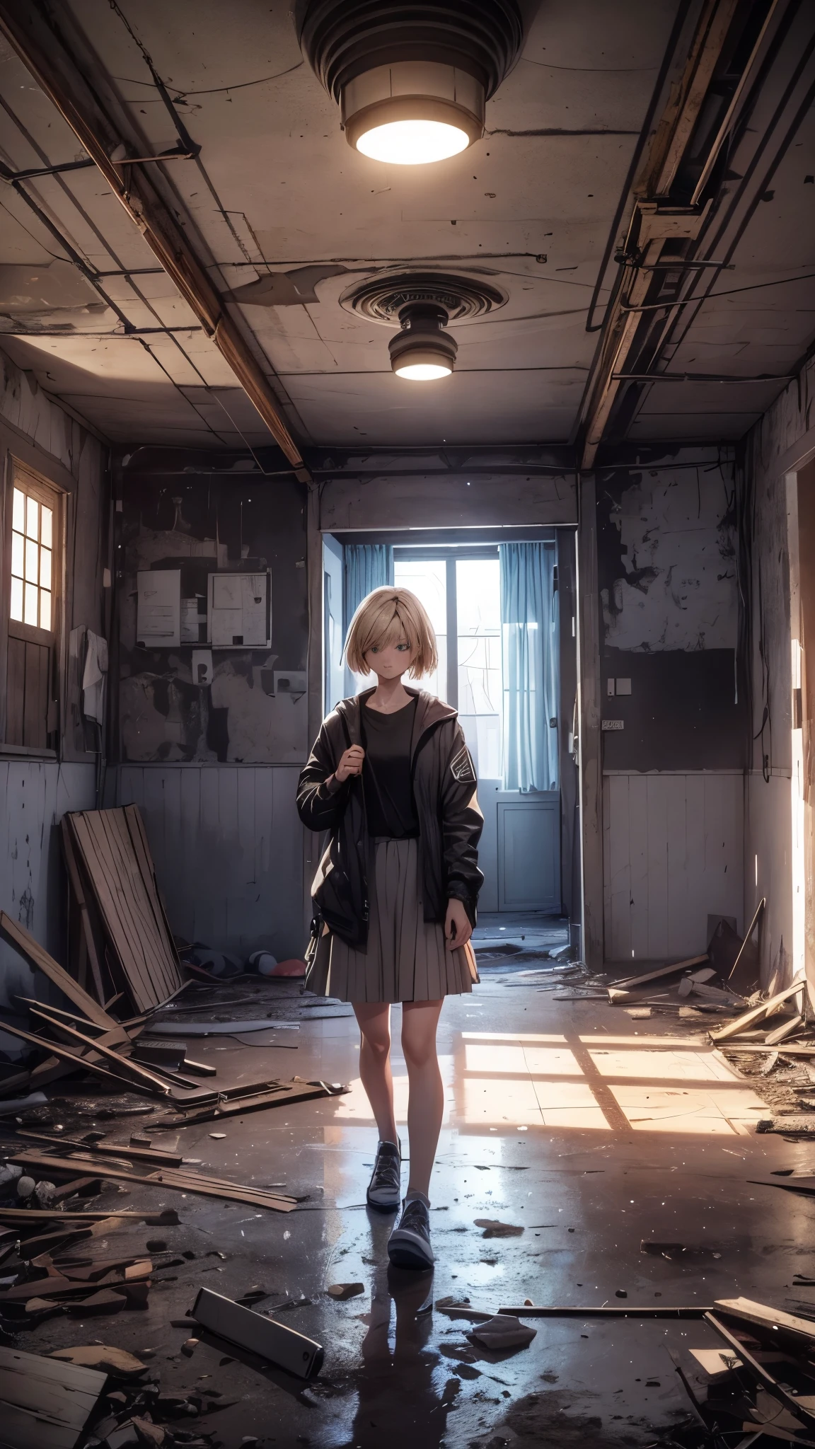 (best quality,4k,highres,ultra-detailed,realistic:1.2) Cloudy sky,Inside the abandoned house,Inside the dark huge room,one woman 20years old,short blonde hair,she’s wearing army’s style,the woman is standing on the dark room,(woman close up)